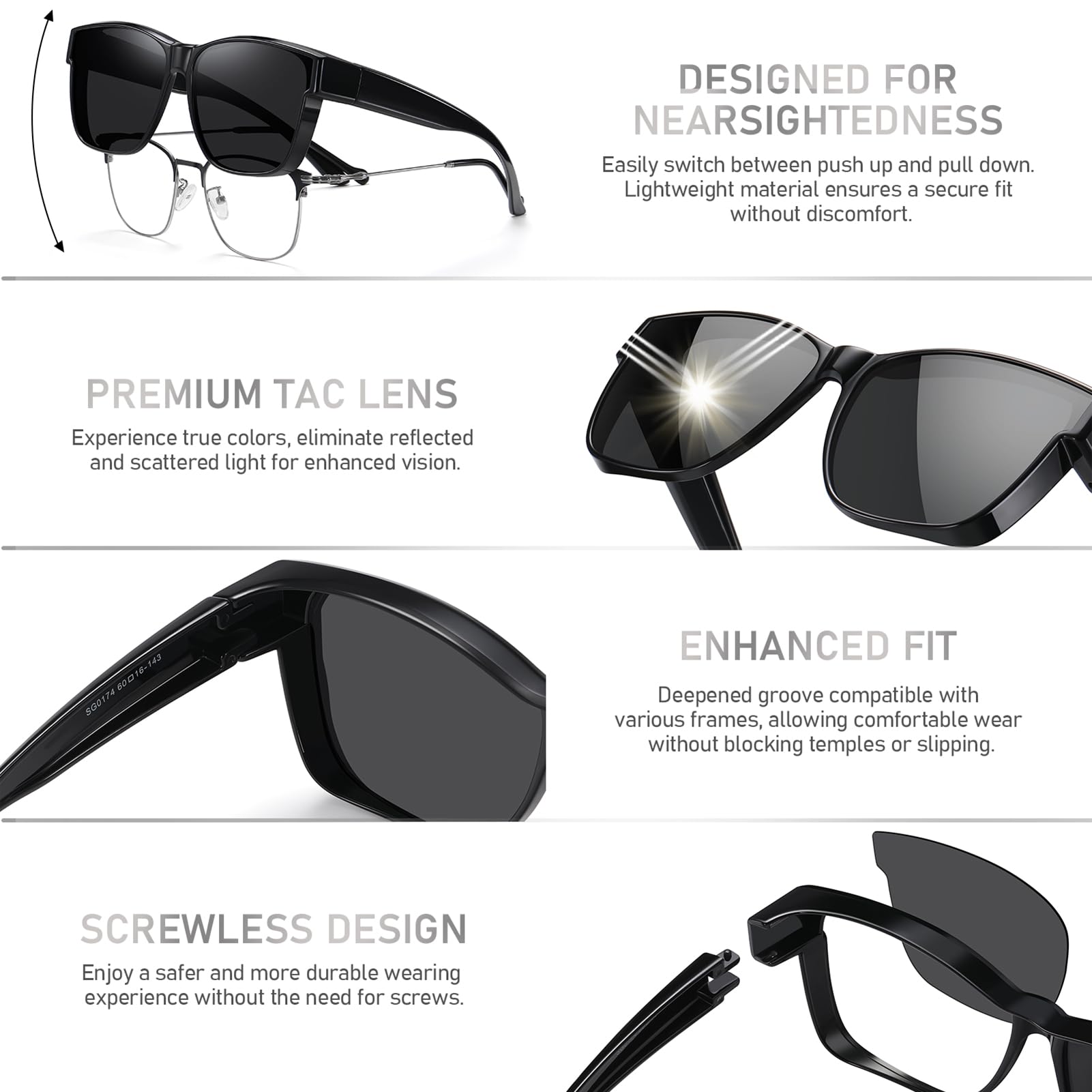 Überglas-Sonnenbrille für Herren und Damen, leichte, quadratische polarisierte Sonnenbrille, zum Tragen über Brillen, UV-Schutz