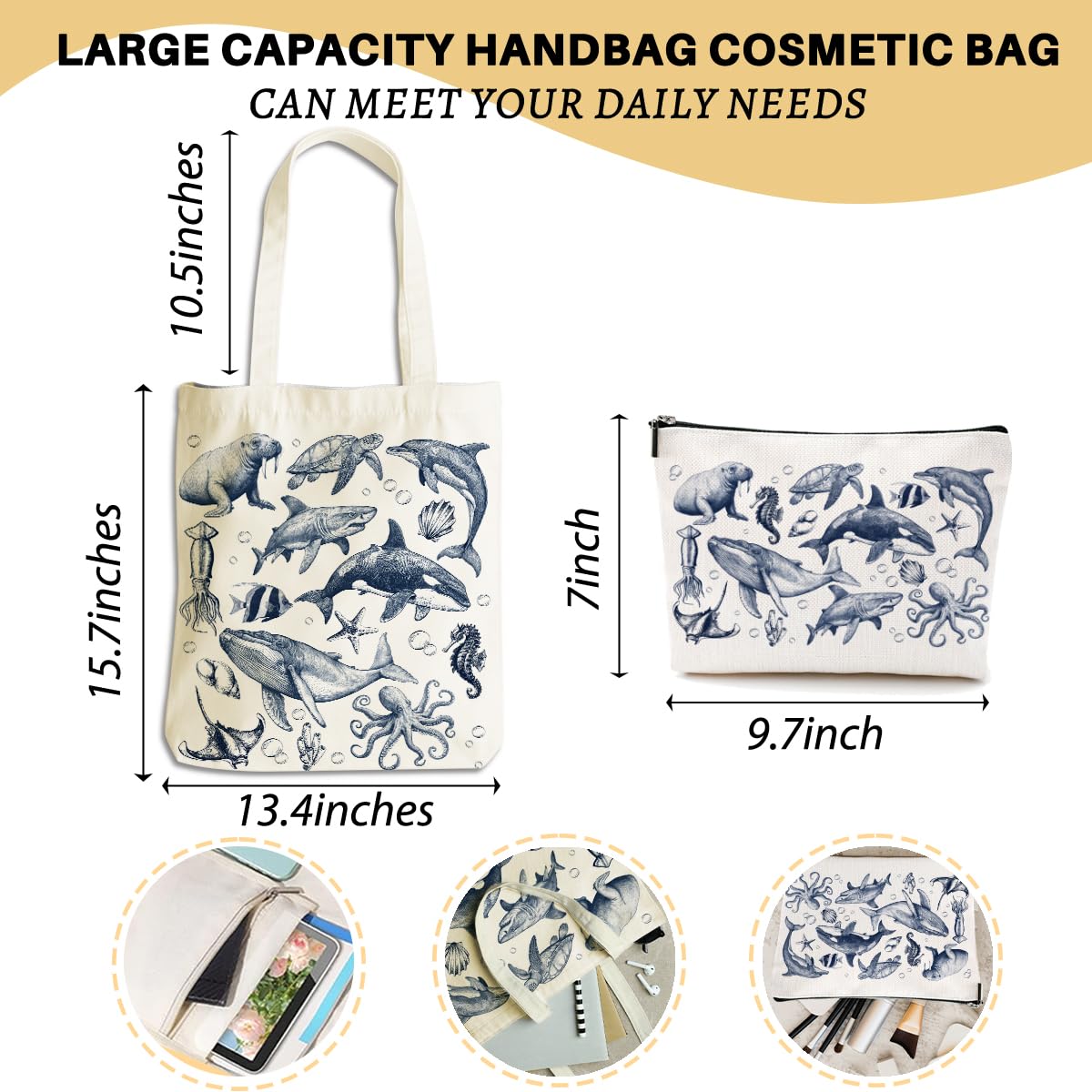 Retro Ocean Animals Turtle Whale Shark Gifts Cosmetic Bags for Women Girls Bestie Lovers Canvas Tote Bag Makeup Bag, Reusable Grocery Bags with Inner Pocket for Gym Beach Birthday Christmas Thank You