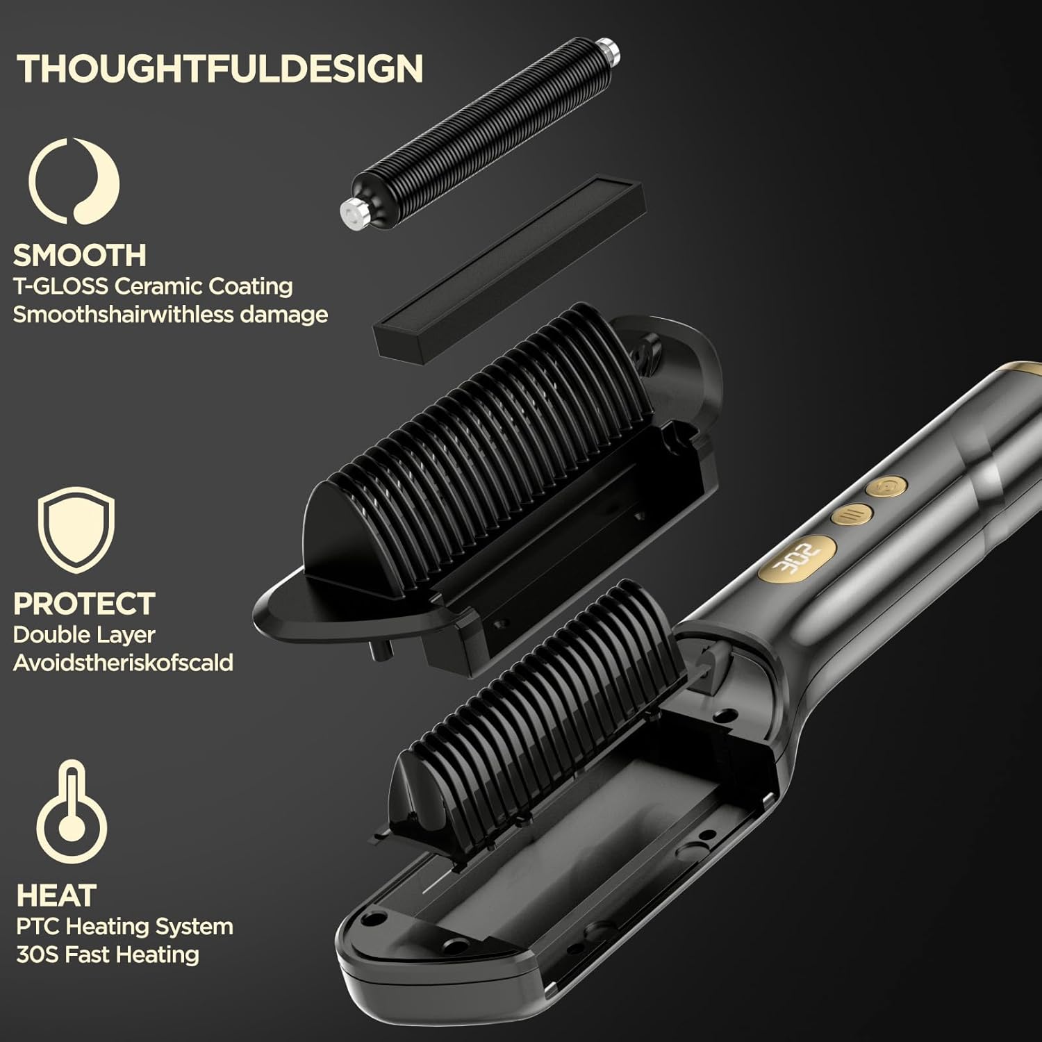 Hair Straightener Brush, Upgraded Ionic Hair Straightener Comb with Oil-Infused, Anti-Frizz Ceramic, Anti-Scald, 9 Temp Settings & LED Display, Dual Voltage, Straightening Brush for All Types - Image 8