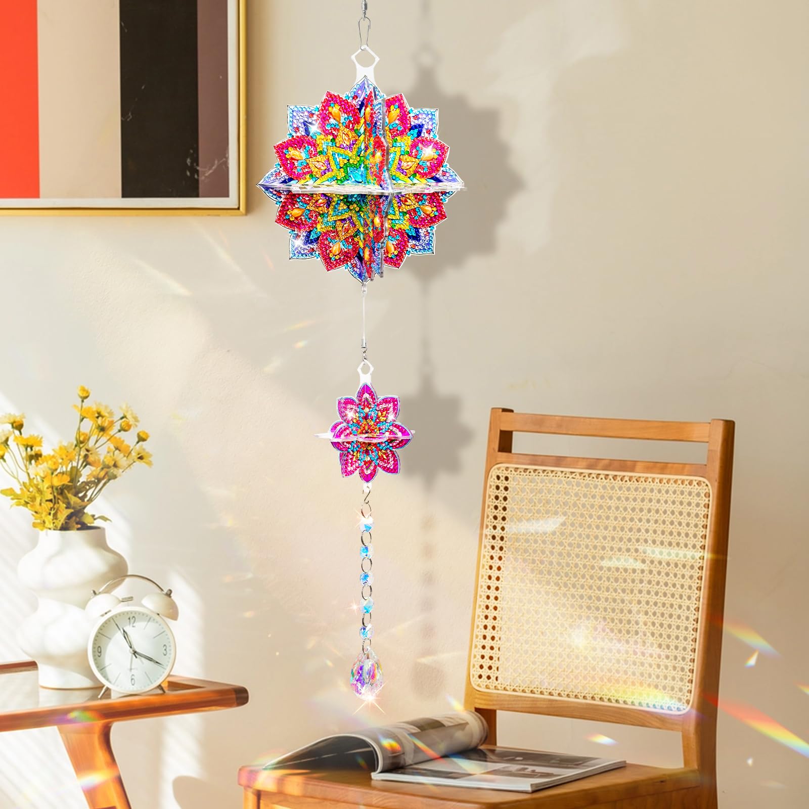 Mandala DIY akrylowe malowanie diamentowe dzwonki wietrzne z kryształowym wisiorkiem do ogrodu i domu