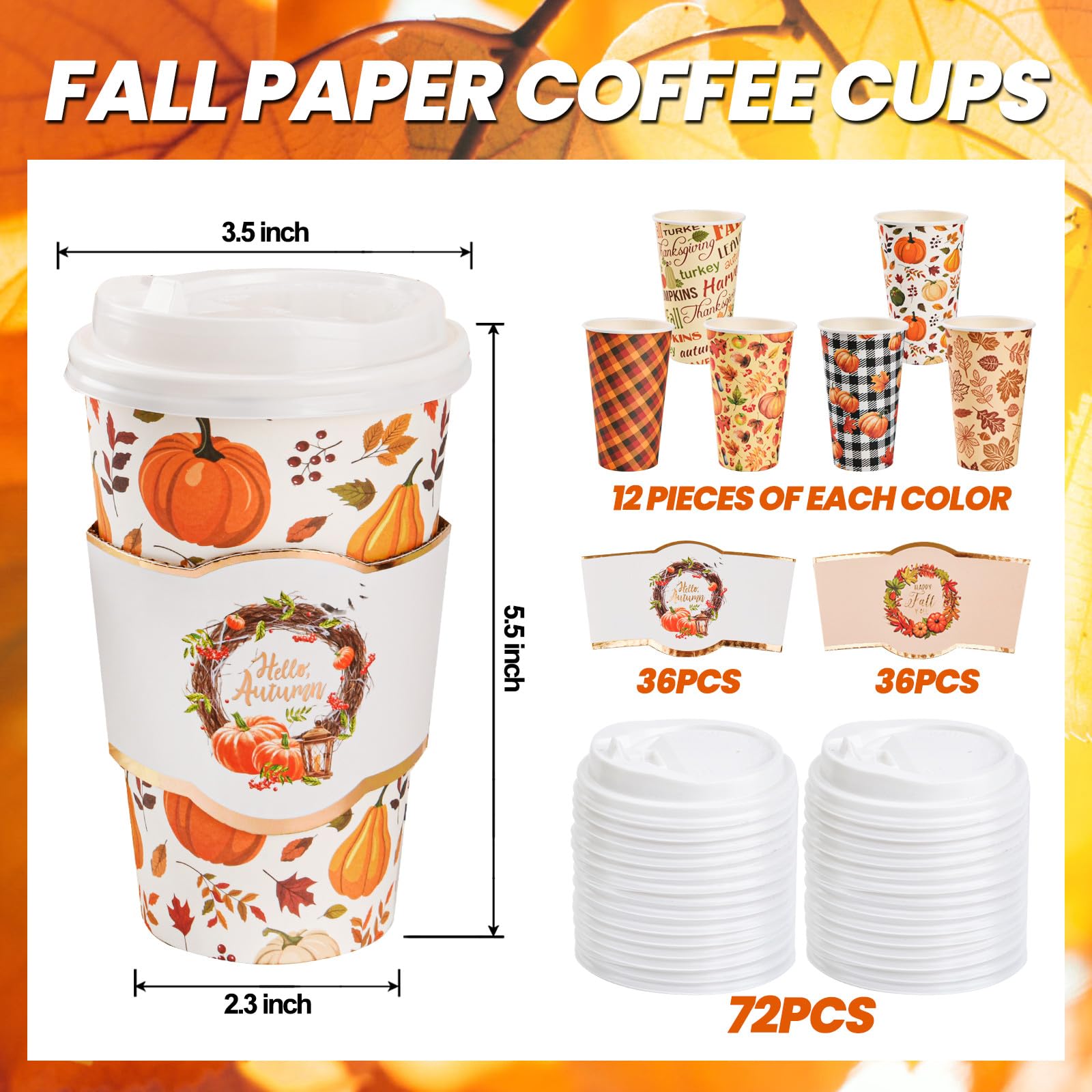 Juego de 72 tazas de café desechables de otoño con tapas y mangas, calabaza, hoja de arce, tazas de papel para beber para llevar, para cosecha de otoño, fiesta de Acción de Gracias, cafetería, bar,