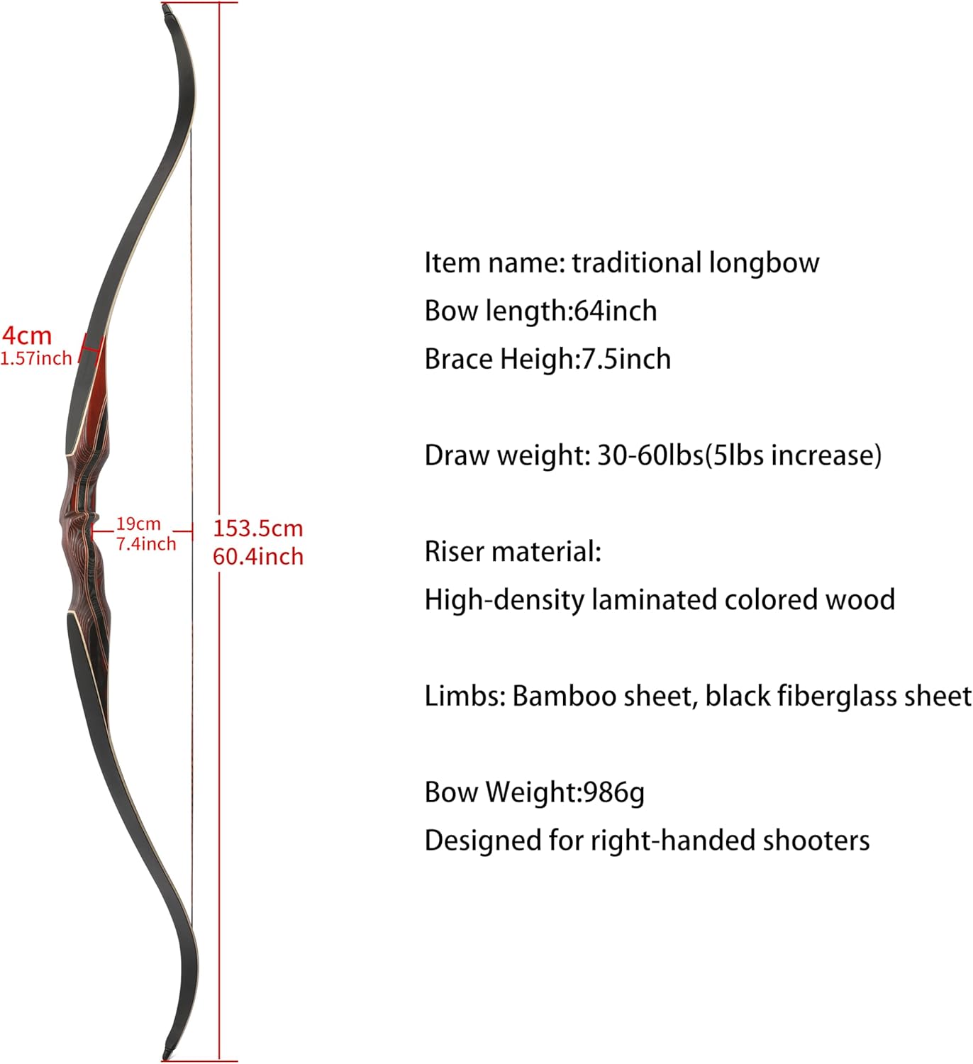 64 Inch Traditional One-Piece Longbow 30-60Lbs Traditional Longbow Wood Triangle Hunting Bow Right Hand for Archery Hunting Target Shooting Training