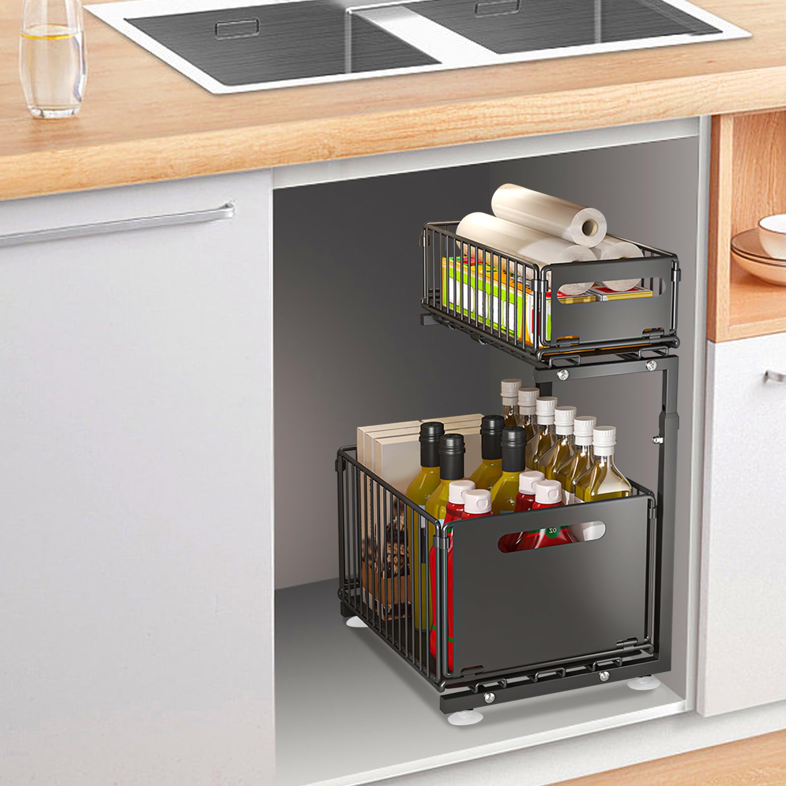 LANTUS Rangements sous Evier 2 Niveaux Organisateur Coulissant,Paniers Coulissants, Empilable,Étagères pour Placard Meuble Cuisine Salle Bain,26,5 x 38 x 48,5 cm (Noir)