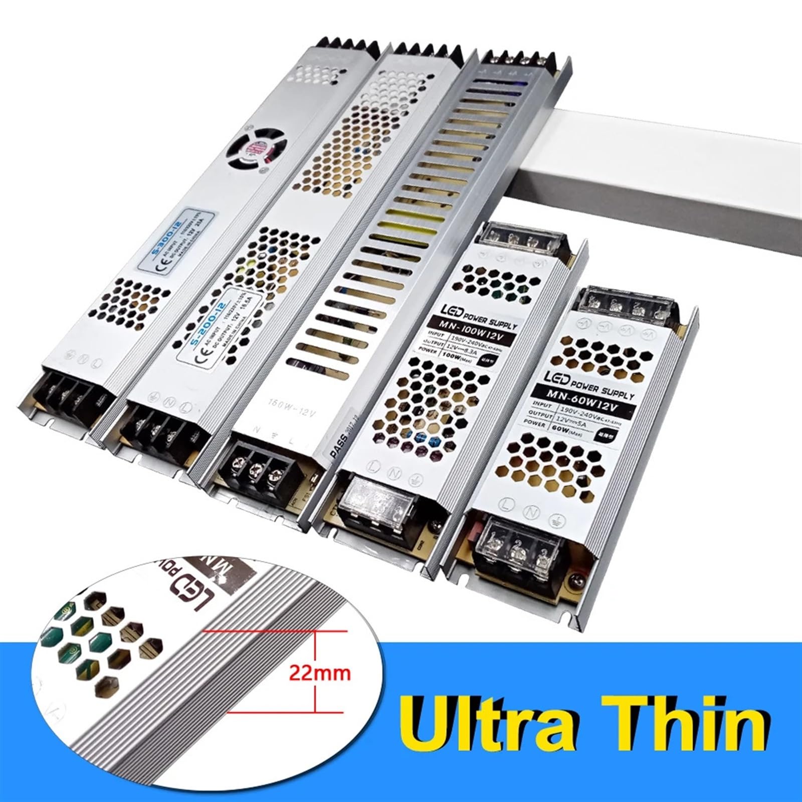 BIVOO Fuente de alimentación LED ultradelgada 24V DC 12V 60W 100W 150W 200W 300W transformadores de iluminación AC 190-240V Controlador LED Tira LED Laboratorio(12V 150W)