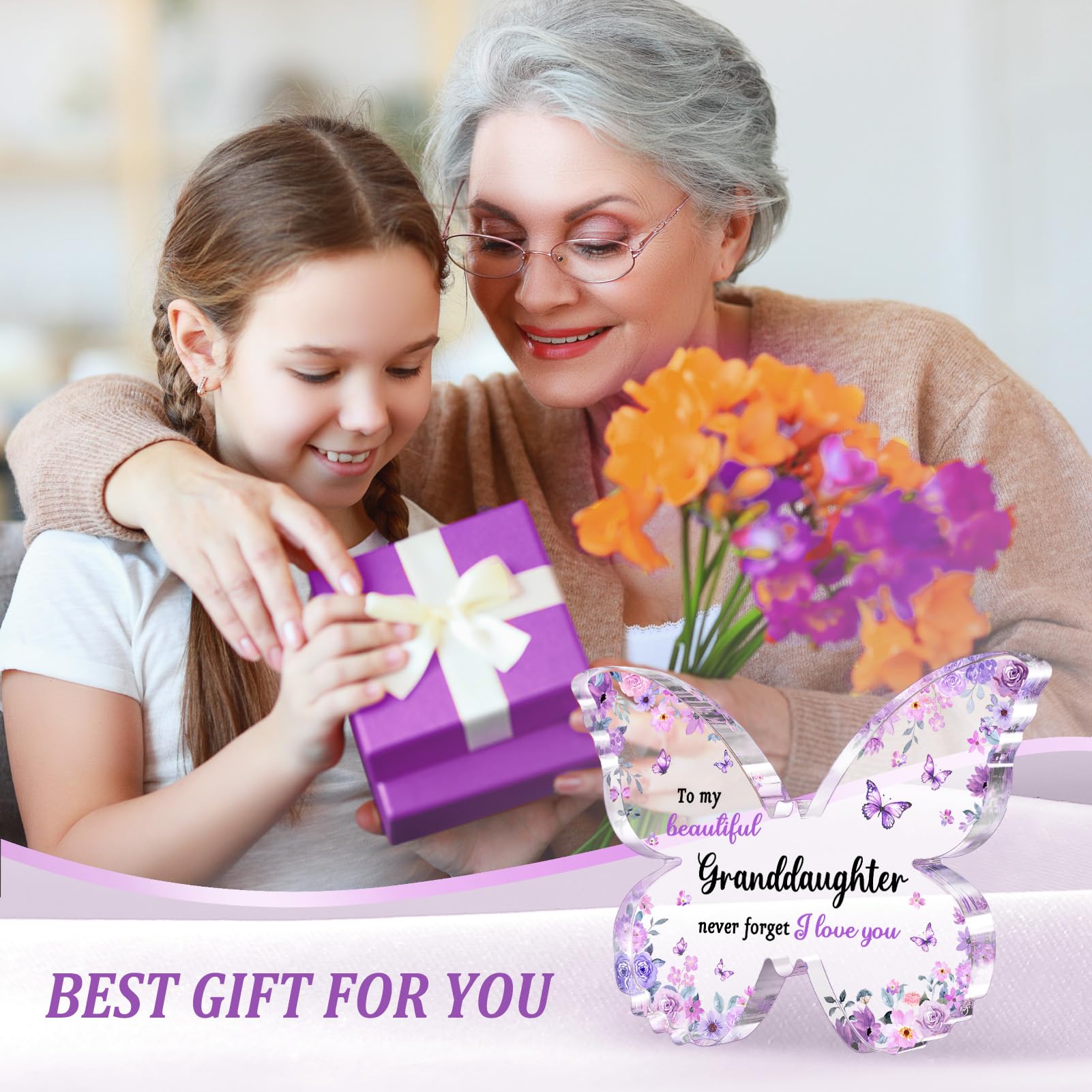 Granddaughter Gifts from Grandma Grandpa - Unique Purple Butterfly Acrylic Plaque Desk Decor - Mothers Day Christmas Valentines Day Graduation Gift for Granddaughter - 5 x 3.8 x 0.5 inches