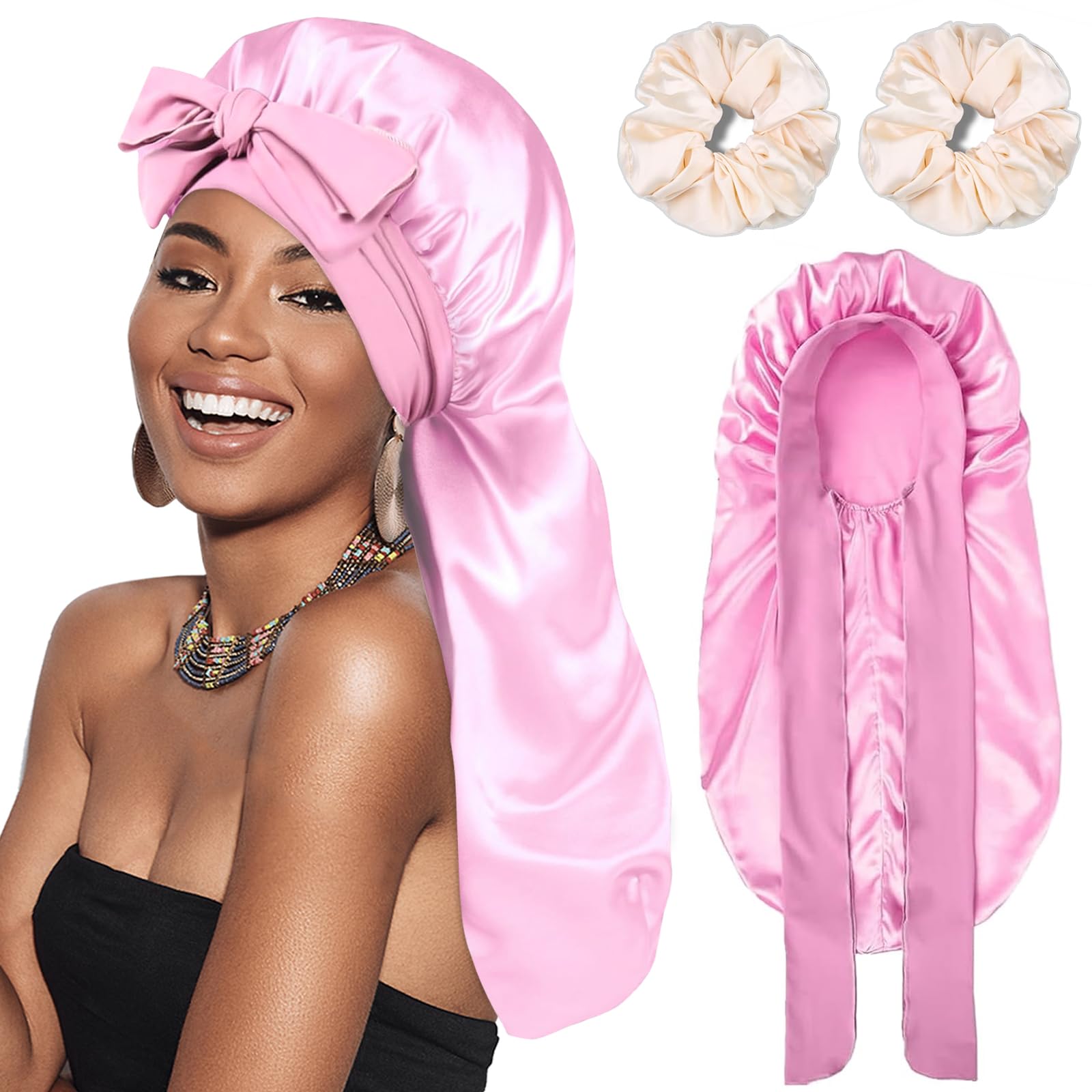 Photo 1 of Silk Satin Hair Bonnet for Sleeping - Bonnets for Braids Black Women Curly Hair,Silk Hair Wrap for Sleeping,Tie Band Long Big Silky Sleeping Cap with 2 Pcs Satin Scrunchies(Pink)