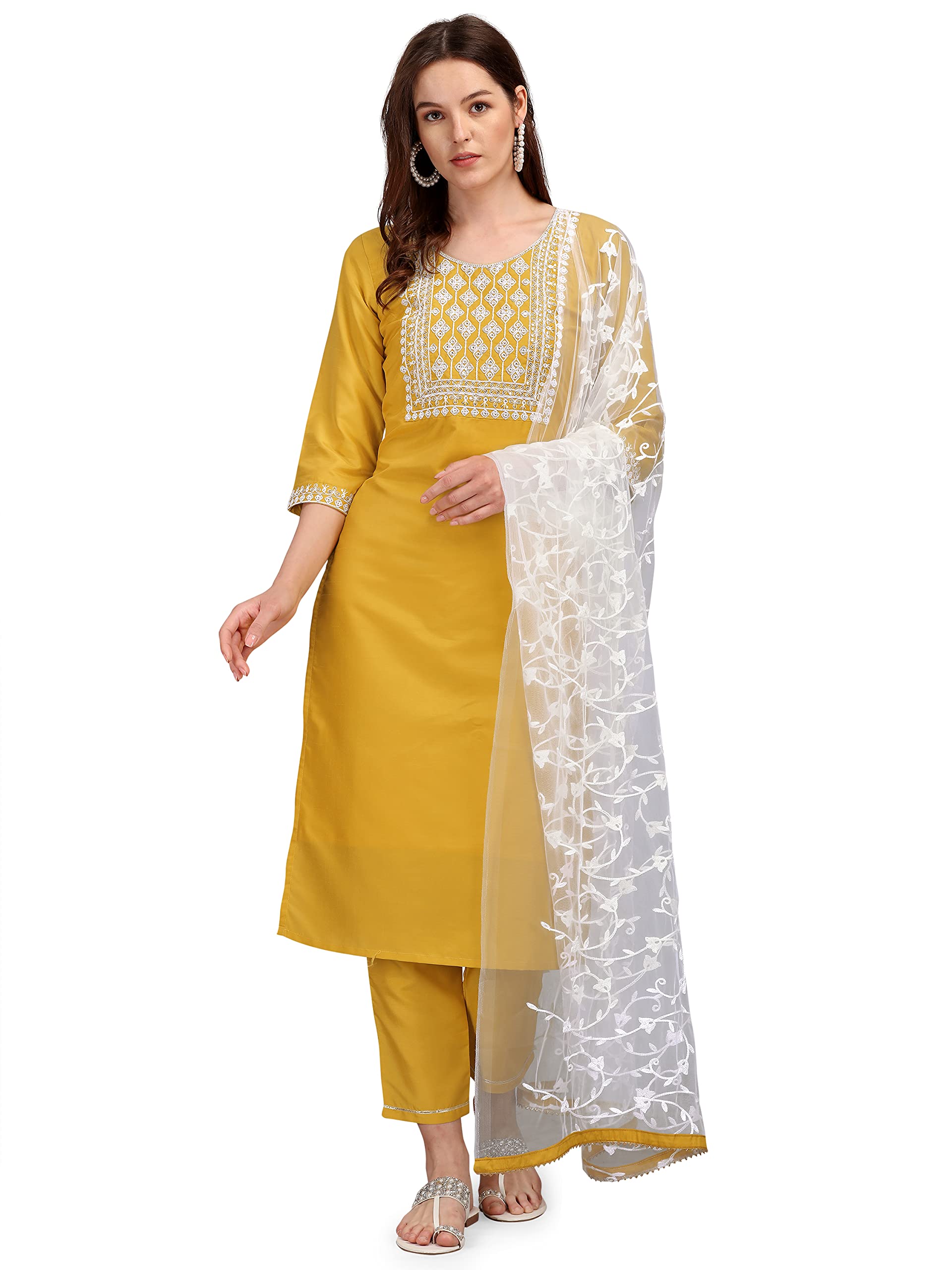 VredeVogel Silk Blend Kurta Pant and Net Embroidery Dupatta Set for Women