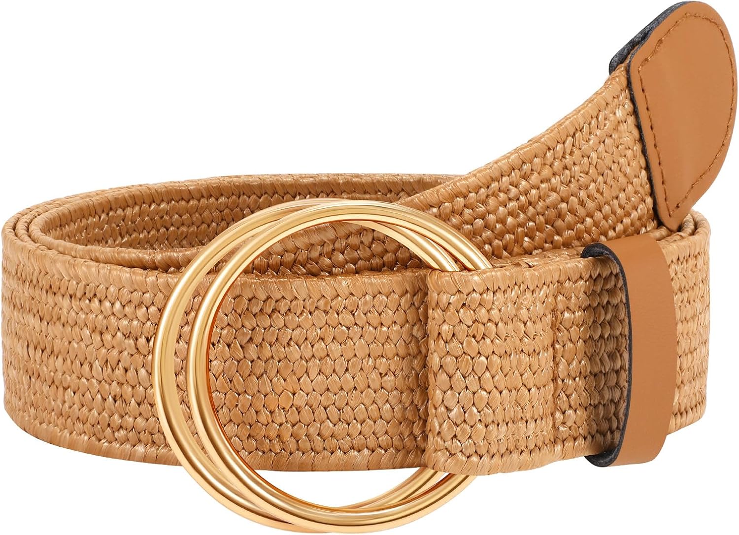LEACOOLKEY Women Boho Straw Woven Stretch Belt for Dress Ladies Braided Straw Belt with Double O Buckle