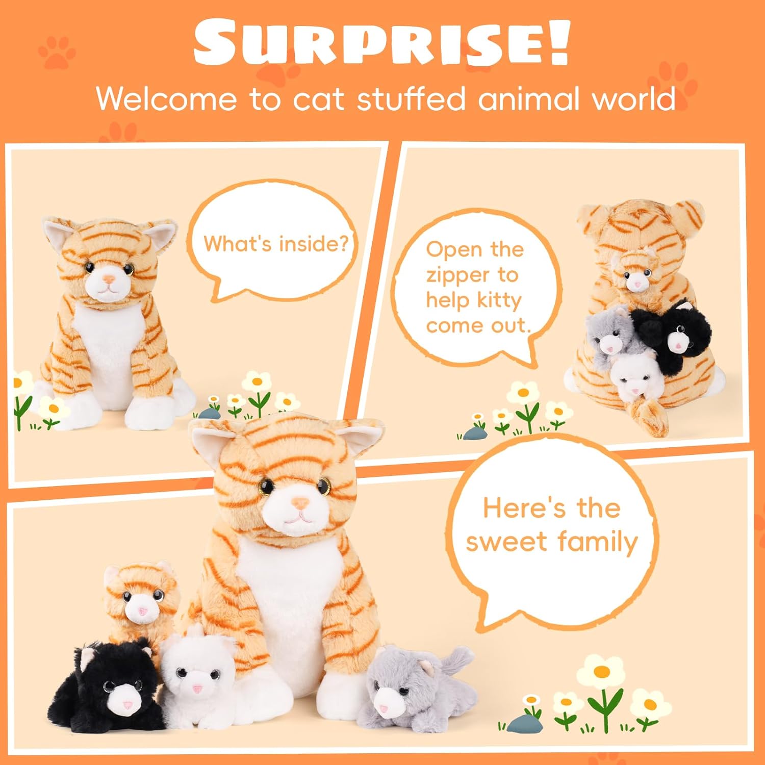 5 PCS Cat Stuffed Animal with Babies Inside Belly, 1 Mommy Stuffed Orange Tabby Cat Toy with 4 Plush Kittens, Stuffed Kitty Plushies for Kids Boys Girls Christmas Birthday Gift