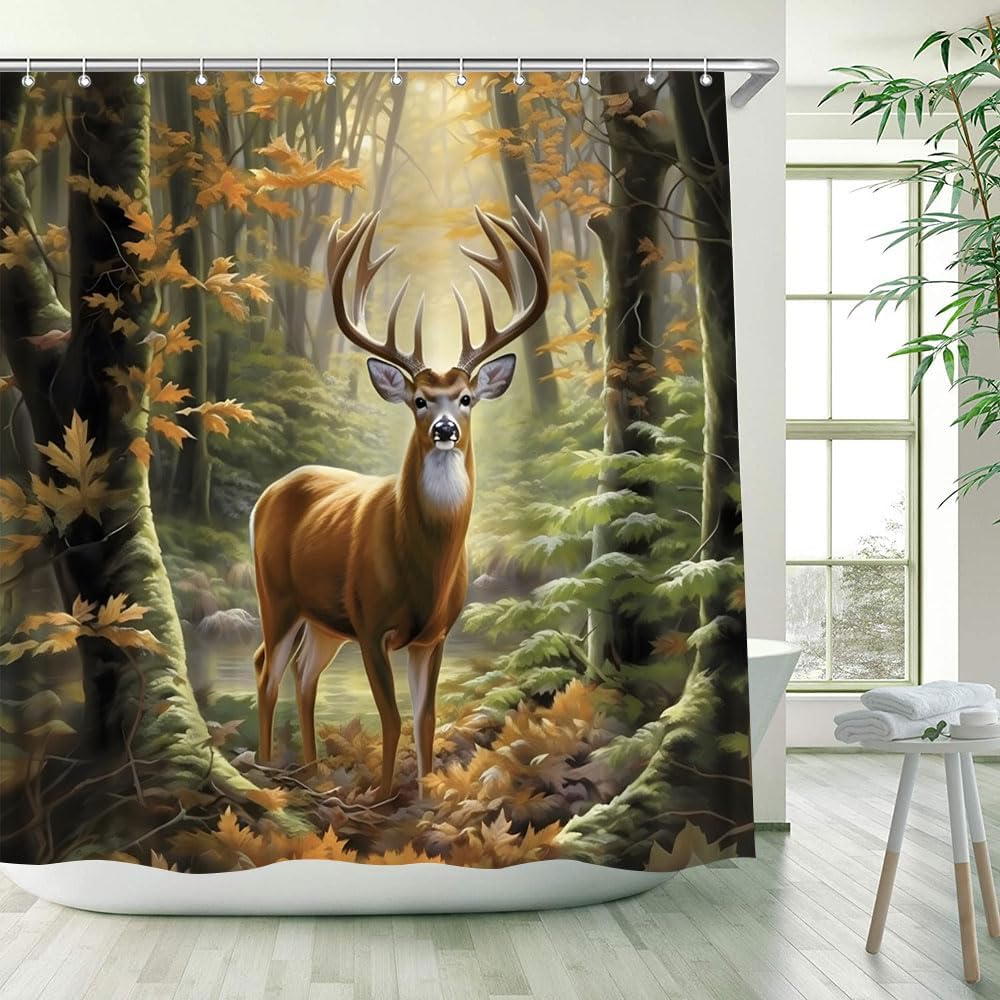 Forest Deer Shower Curtain Fall Hunting Theme Elk Wild Animal Country Rustic Farmhouse Bathroom Decor Fabric Curtains with Hook 70Wx90H Inches