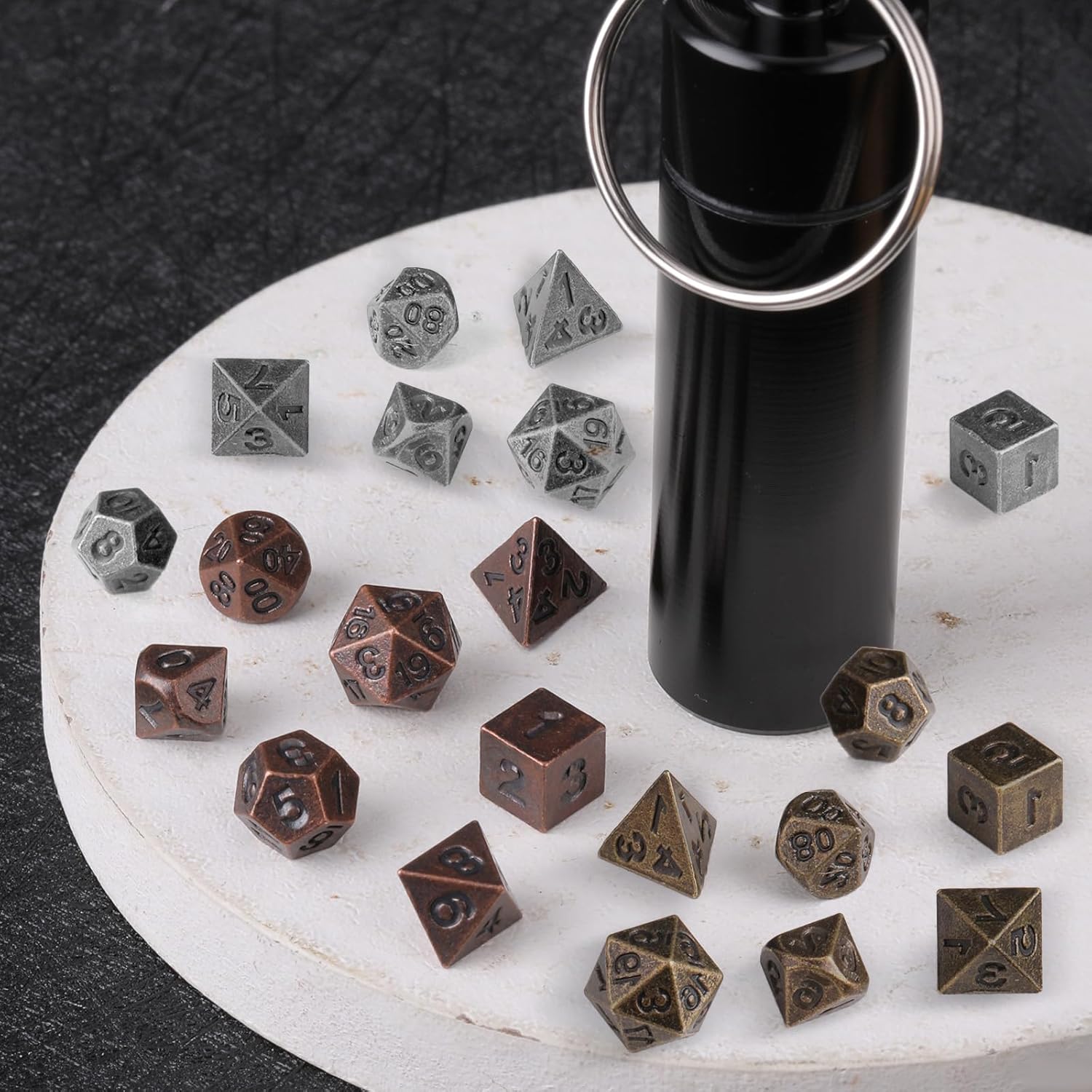 Grevosea 21 Pcs Mini Metal DND Dice Set, Antique Copper Tiny Polyhedral Dice with EDC Keychain Case, Portable Role Playing Game Accessories Gift for D&D Player TTRPG Dungeon Master