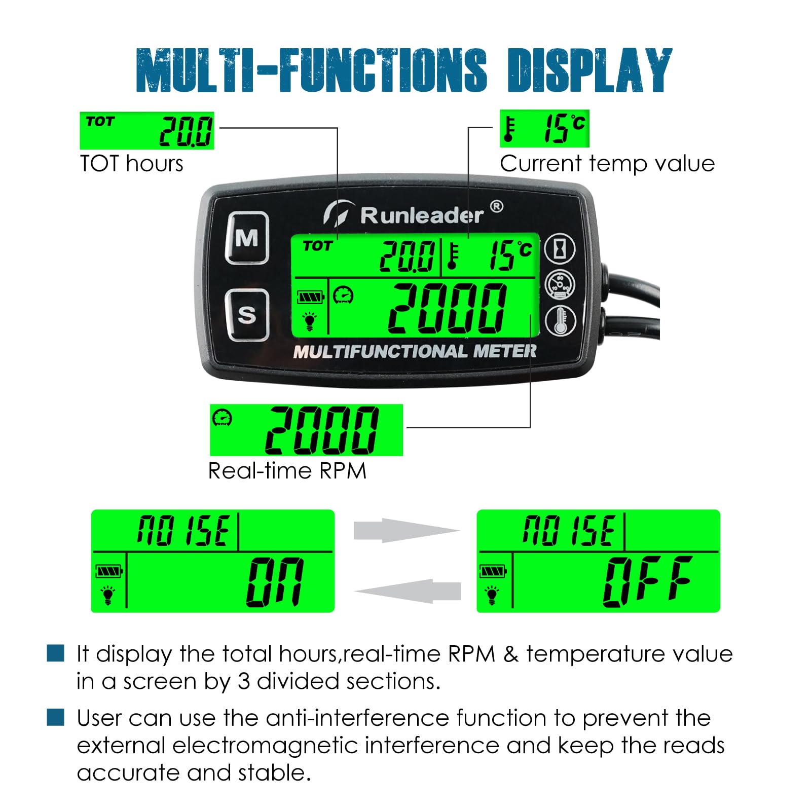 Runleader Indicador de Temperatura del Motor Digital, Tacómetro de Horas de Mantenimiento, Reemplazo de Batería y Fuente de Alimentación Externa de CC 5V a 30V para Motores de Gasolina,Cortacésped
