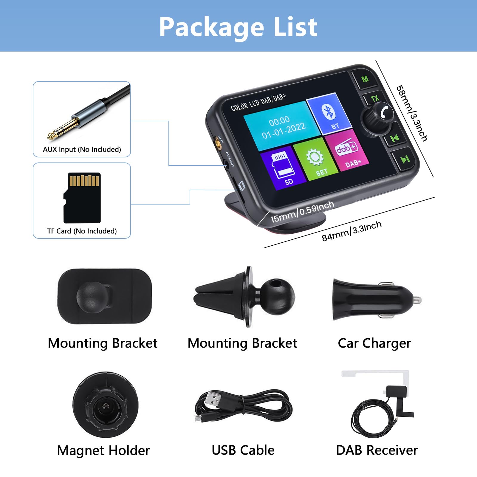 Hikity DAB/DAB+ przenośny adapter do radia z wyświetlaczem LCD 2,4 cala kolorowy duży wyświetlacz LCD do radia samochodowego z systemem Android z telefonem głośnomówiącym Bluetooth AUX-IN FM