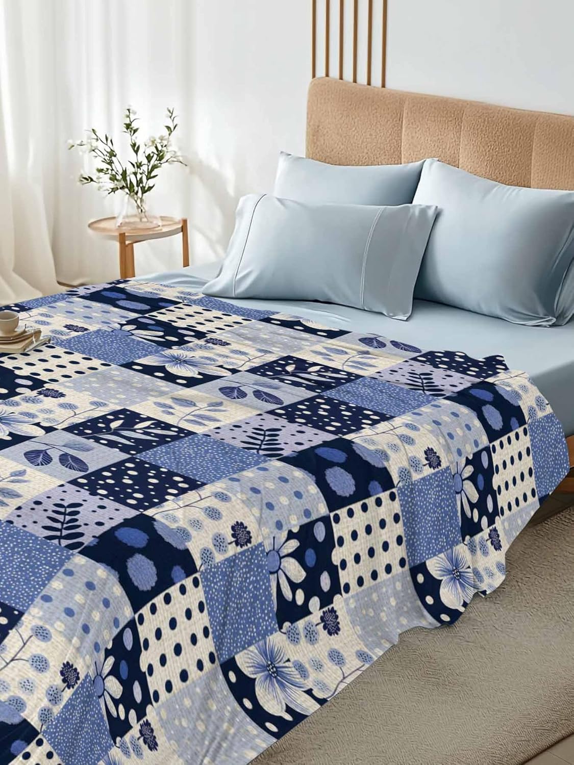 King Flat Sheet, Purple Botanical King Bed Sheets Only, Soft Microfiber Flat Sheet, Summer Vintage Plaid Flower Leaf Hotel Quality Bedding Top Sheet Bedroom Home Dorm Decor