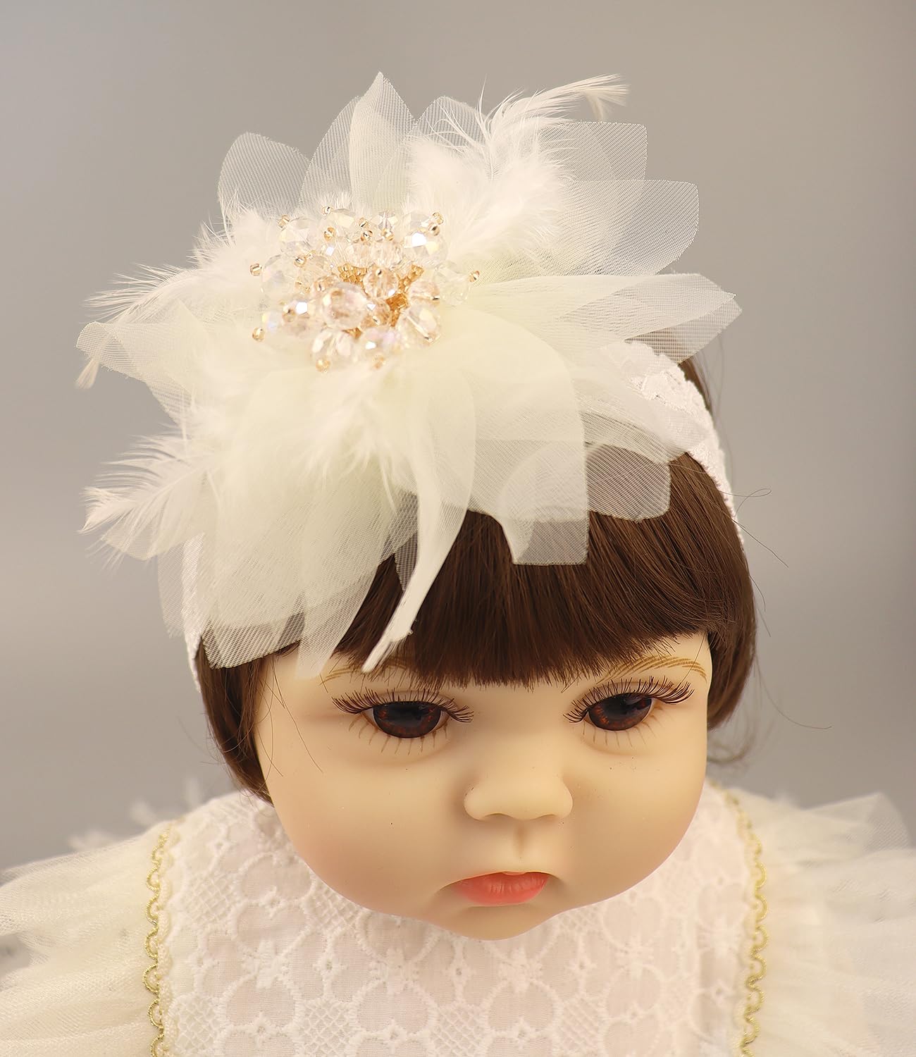 Bethynas Baby Mädchen Spitze Feder Stirnband Perlen Gaze Blume Elastisch Kleinkind Haarband Geburtstag Party Prinzessin Haarschmuck für Neugeborene Säugling (Weiß)