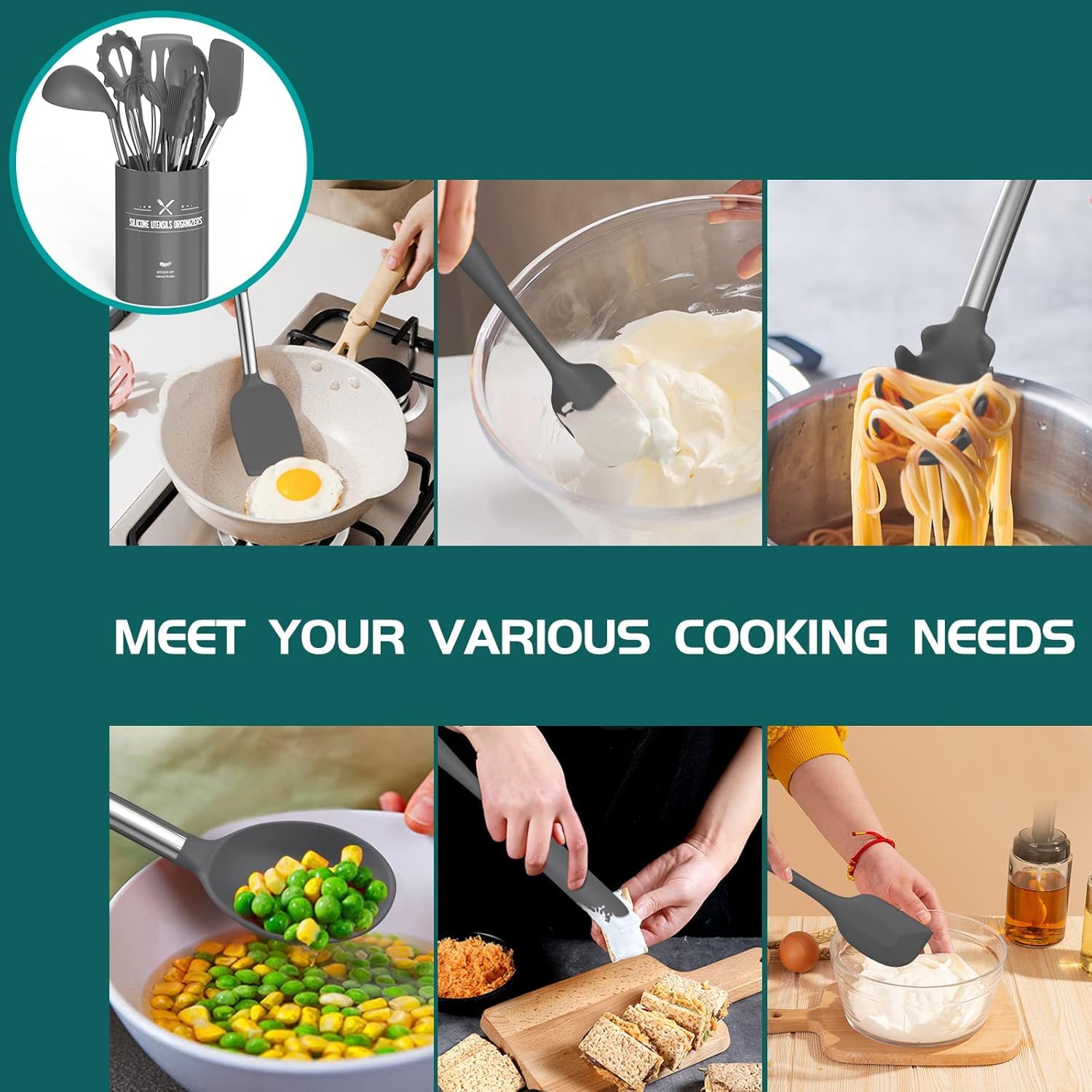 Set di utensili da cucina, 15 pezzi, in silicone, antiaderenti, resistenti al calore, pentole con porta utensili, manico in acciaio inox, lavabile in lavastoviglie (grigio)
