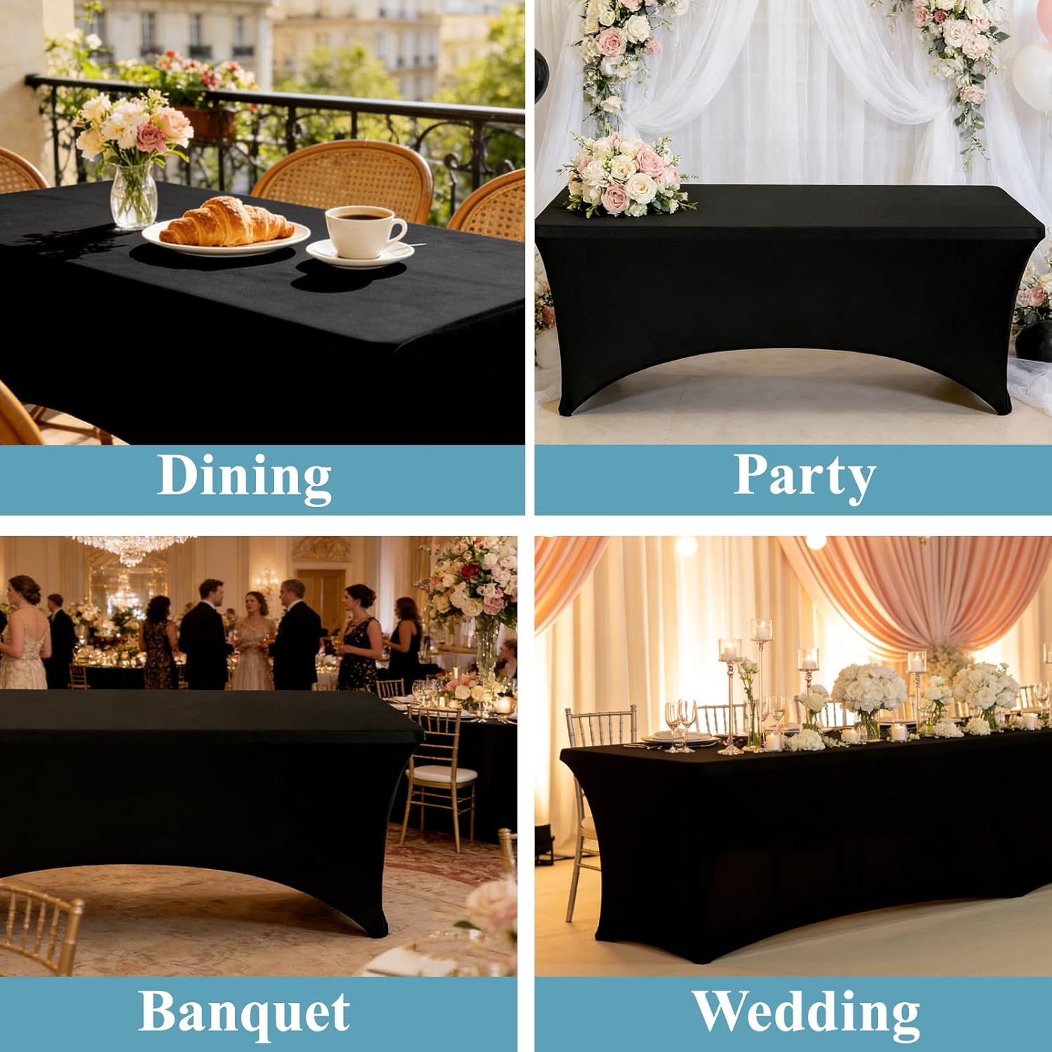 VidaFete Spandex Tablecloth 6 Pack 6FT, Fitted Stretch Table Cover for Rectangle Tables, Wrinkle Resistant and Washable Tablecloths for Outdoor, Picnic, Party, Wedding, Banquet, Birthday, Black