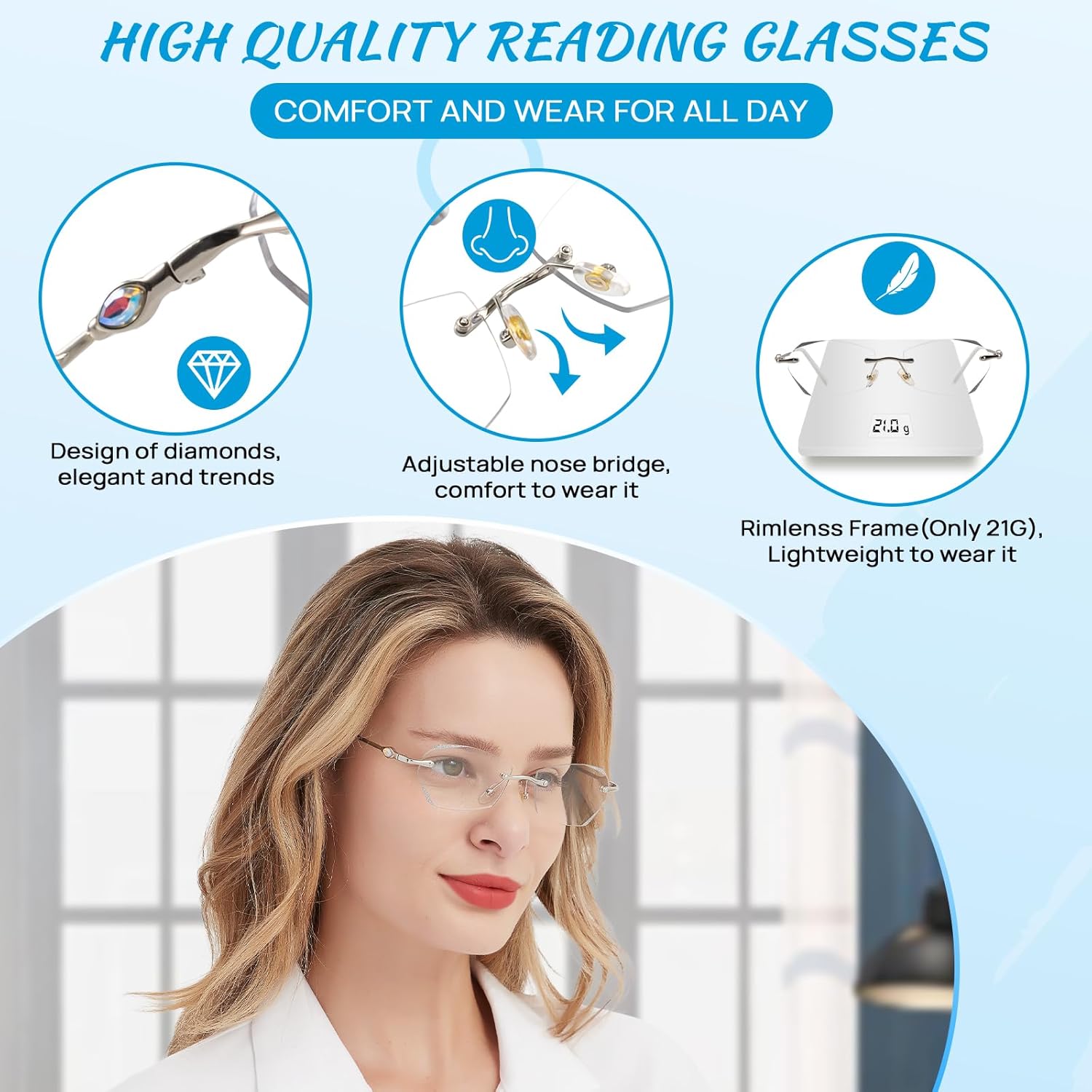 OCCI CHIARI Rimless Blue light Reading Glasses Women 2 Pack Readers Designer Eyeglasses(1.0 1.5 2.0 2.5 3.0 4.0)