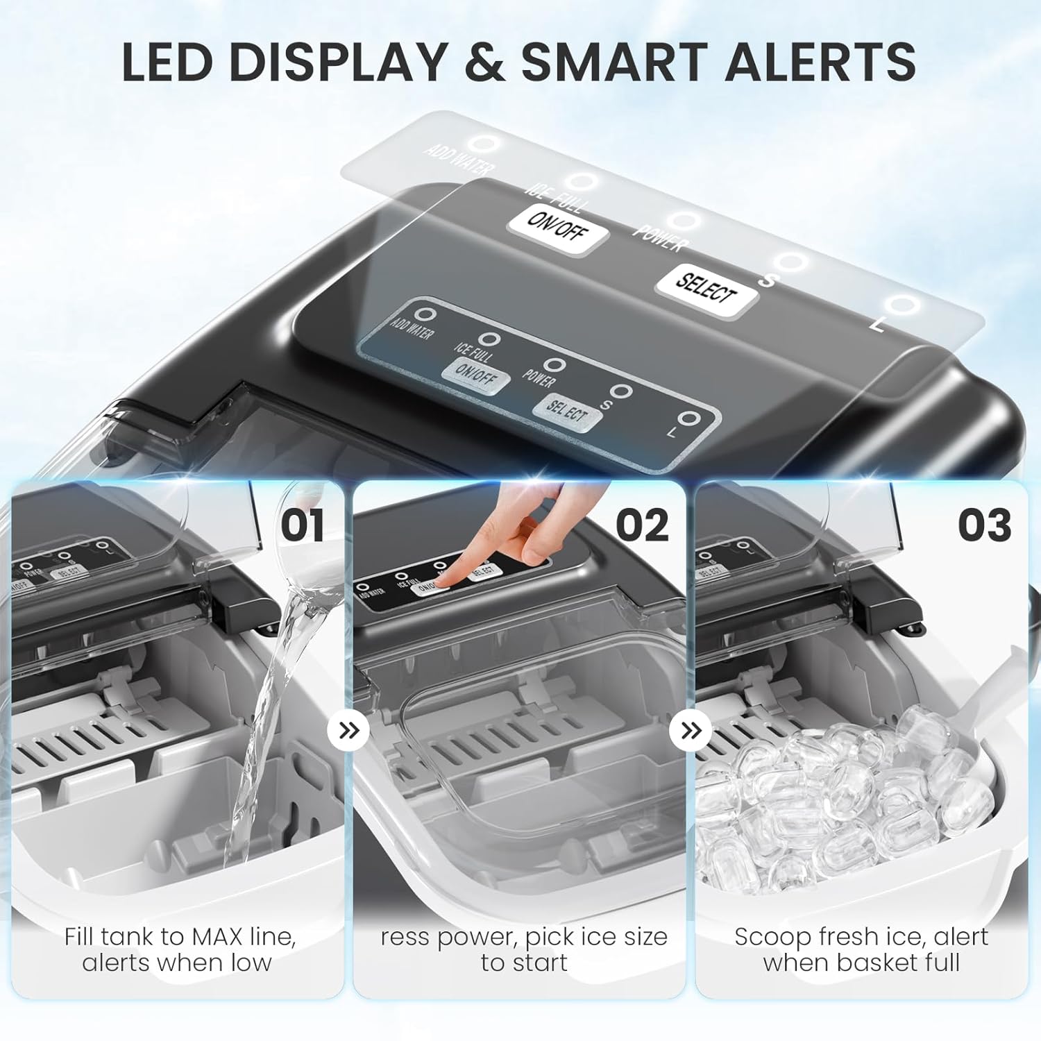 Kismile Countertop Ice Maker, 8 Cubes in 6 Mins, 26Lbs/Day Bullet Ice, Portable Ice Maker with 2 Sizes of Cubes, Self-Cleaning Ice Maker Machine with Basket & Scoop for Home/Kitchen/Office/Party - Image 3