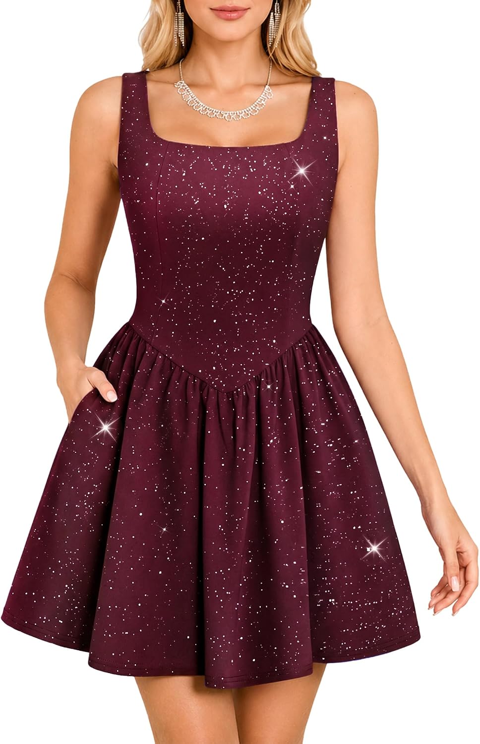 MUADRESS Women‘s Sparkly Cocktail Dress 2026 Sleeveless Square Neck Prom Party Dresses for Teens A-Line with Pockets