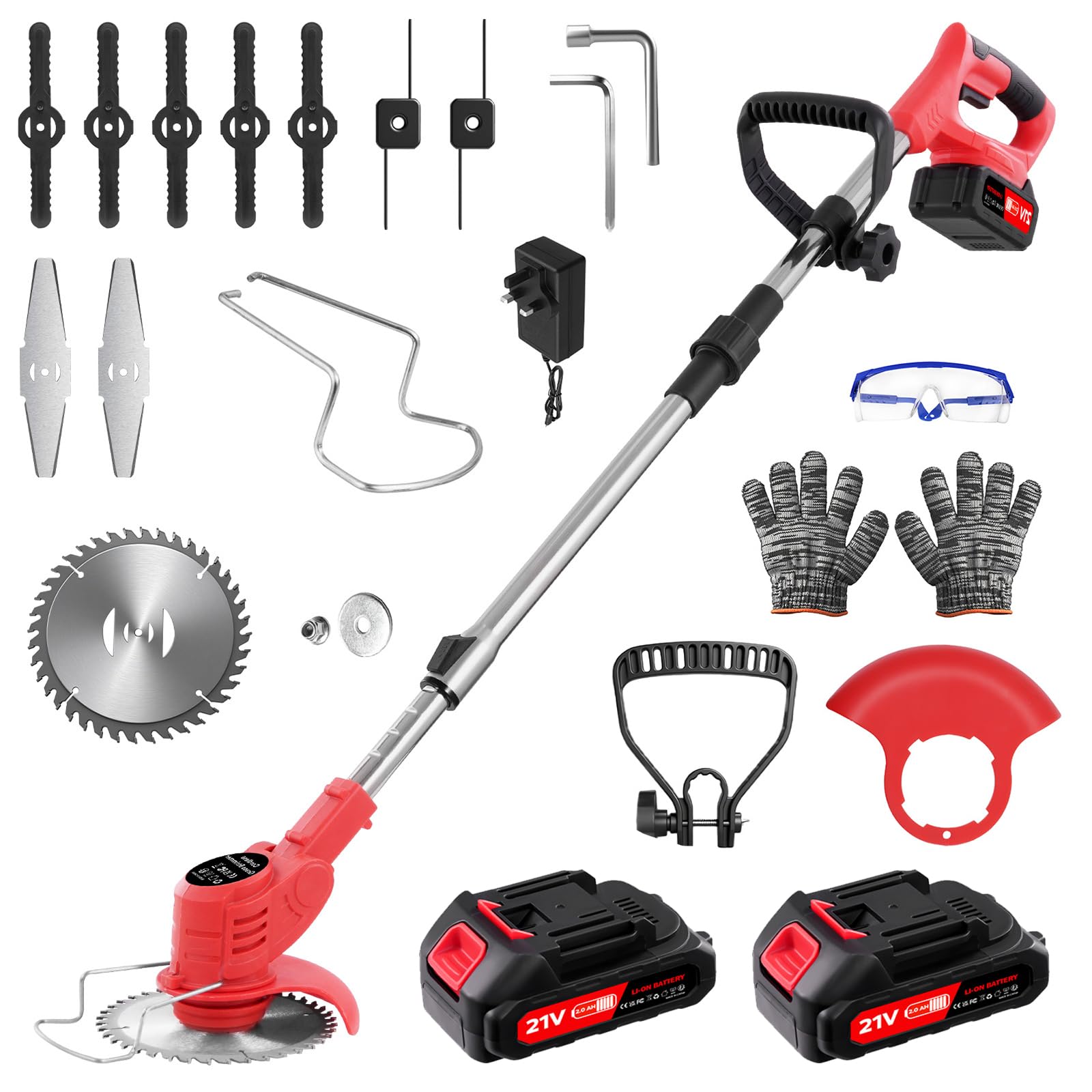 Garden Strimmer 21V Cordless, Battery Strimmer with 2×21V 880W, Cordless Strimmer with 4 Blades (Nylon/Steel), Telescopic Shaft 103-127cm, 90° Rotatable & Foldable Head for Lawn & Garden Edge