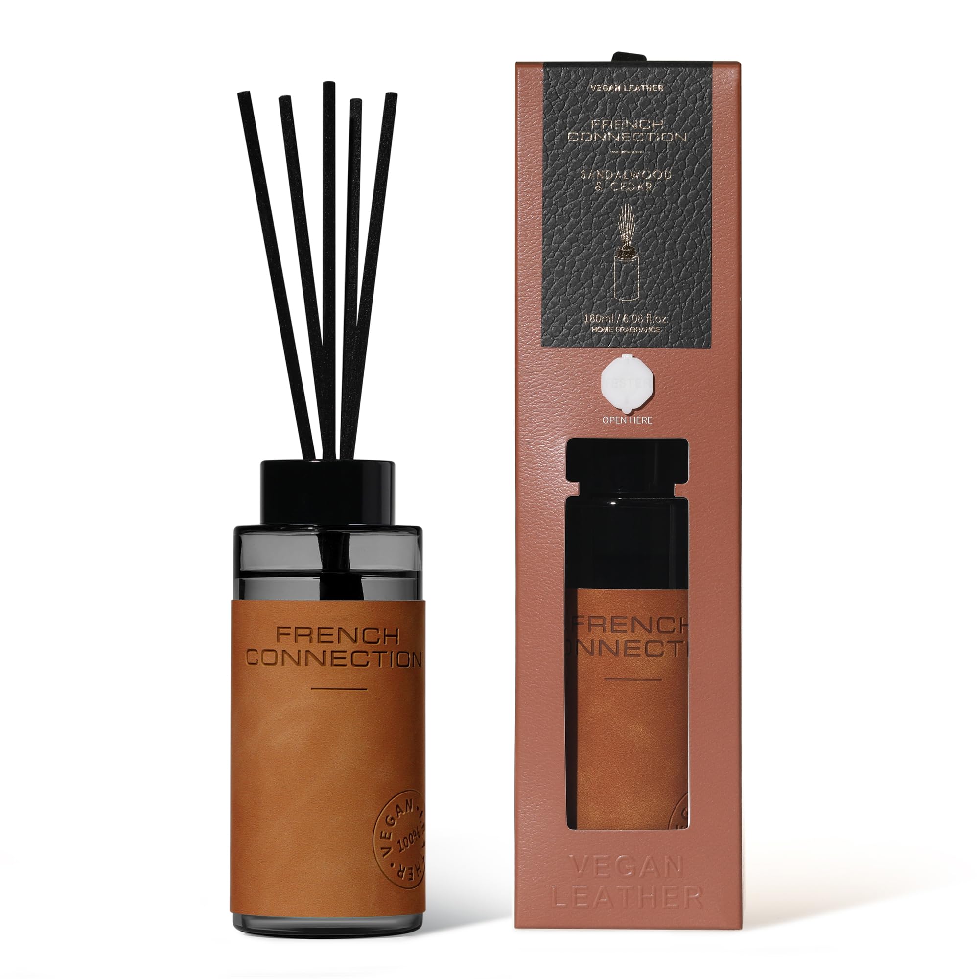 French Connection Leather Range Liquid Diffuser – Sandalwood & Cedar – 180ML (5 Reeds), Black