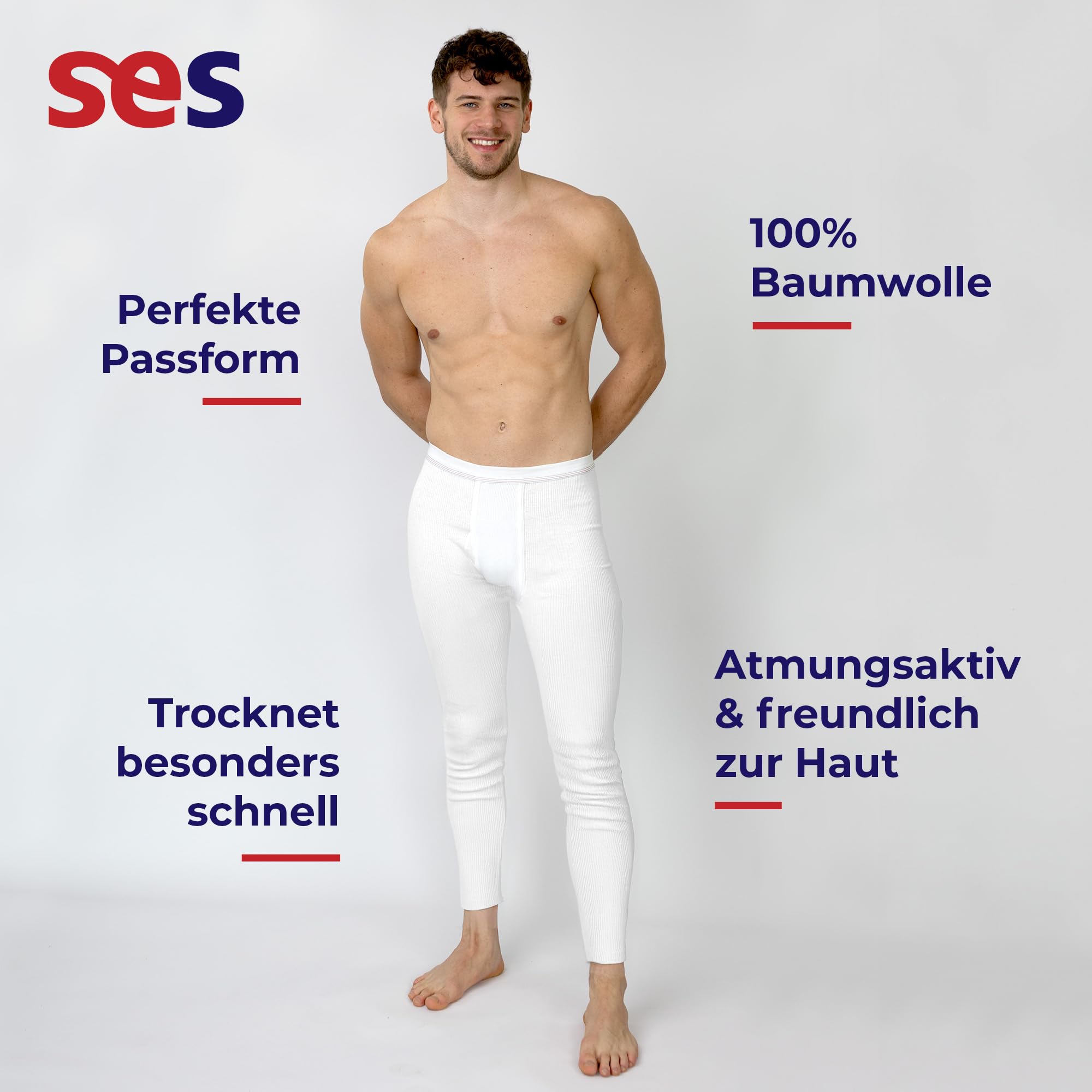 SES caleçon Long Coton, Pack de 2 caleçons Longs Hommes en côtes Doubles, Taille S - 4XL, avec Braguette et Ceinture Douce, en Coton/calson Long pour Homme Jambes Longues