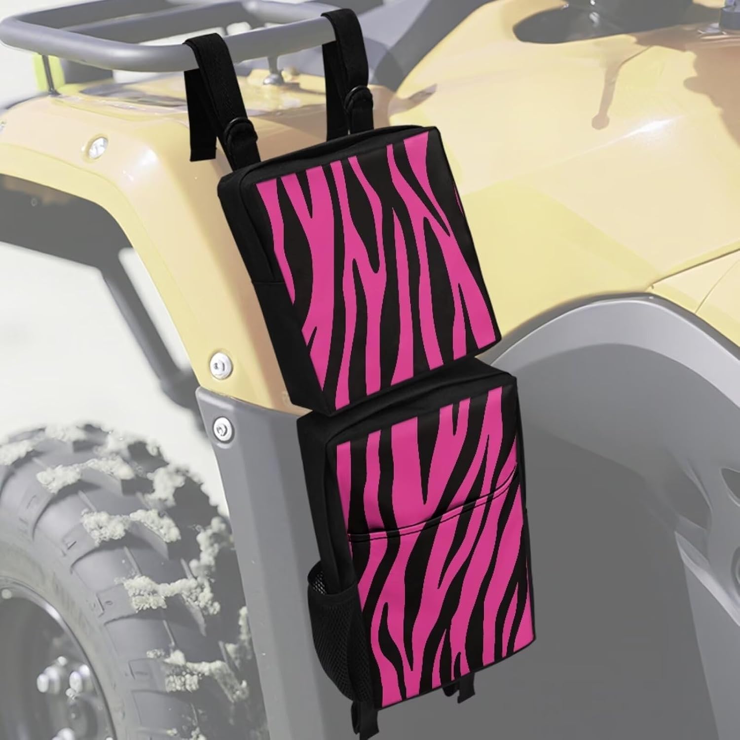SEANATIVE ATV Fender Bag Pink Zebra Stripes Rear Storage Bags With Drink Holder Detachable ATV Gear Bag Compatible Most 4 Wheeler Accessories Hanging Cargo Bags