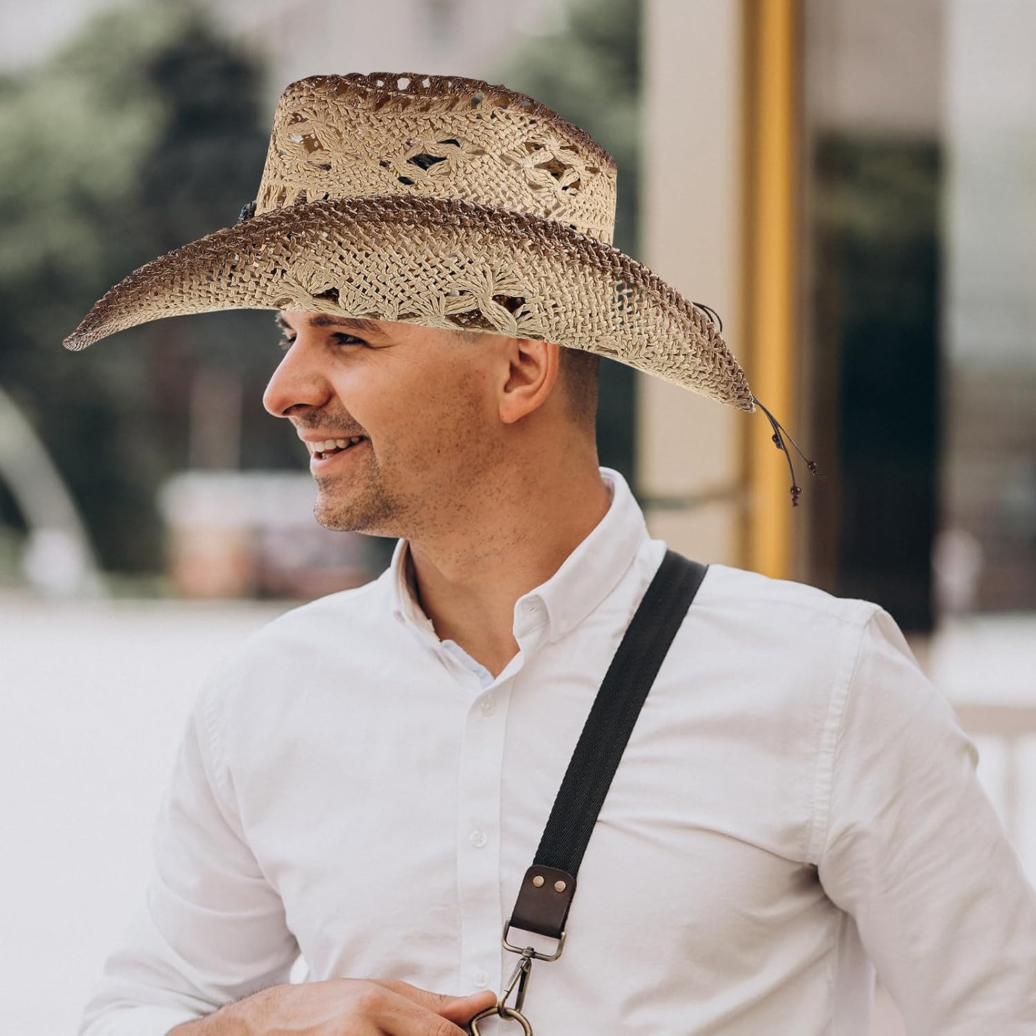 Straw Cowboy Hat for Men and Women, Wide Brim Beige Sun