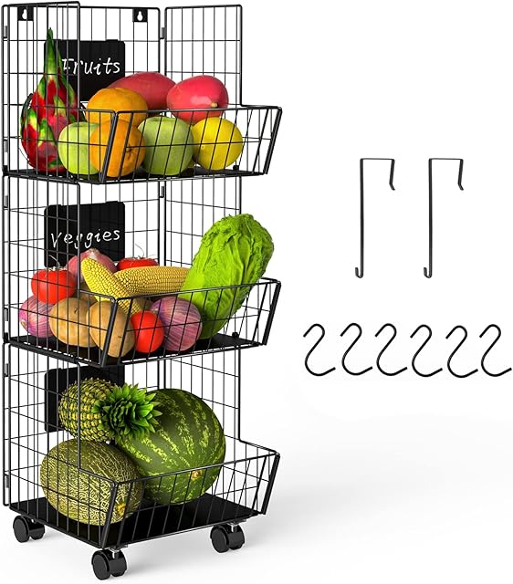 3 Tier Fruit Vegetable Baskets with Wheel, Removable Chalkboards, Hanging Kitchen Metal Wire Storage Basket, Multi-purpose Storage Organizer Carts for Kitchen, Pantry Closet, Bedroom, Bathroom, Black