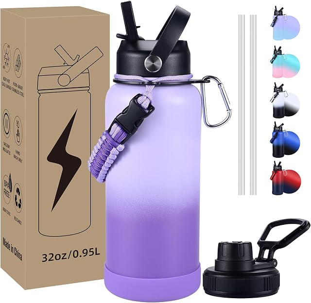 Insulated Water Bottle, 32 oz Stainless Steel Wide Mouth Water Bottles with 2 Leak Proof Lid and Paracord Handle, Double Wall Vacuum Insulated Sports Water Bottle, Gradient Purple