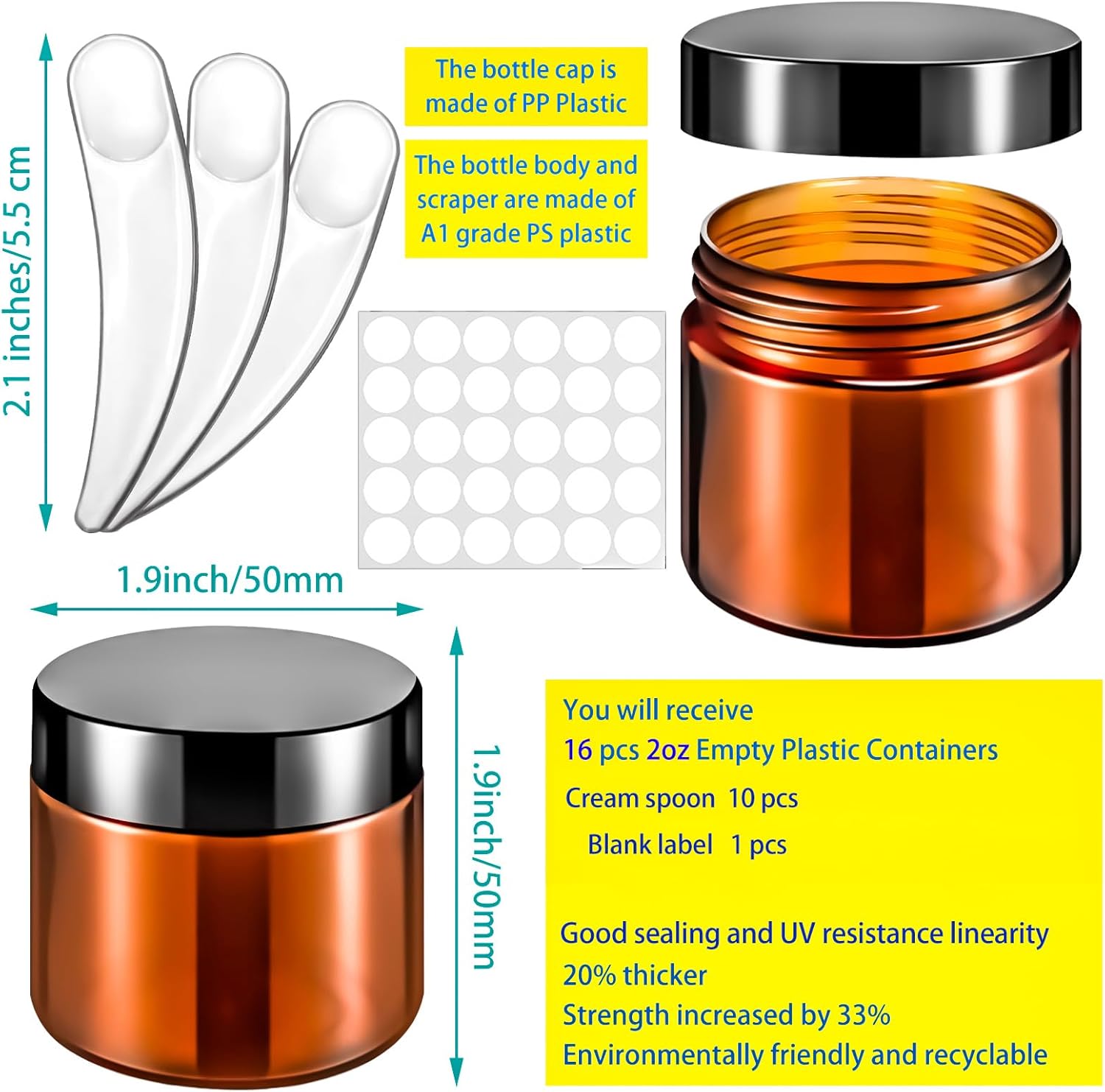 MotBach 16 Pack 2oz Amber Plastic Jars, 60ml Empty Small Round Cosmetic Jars Refillable Makeup Containers Leakproof Travel Cosmetic Containers with Black Lids for Sample Cream Lotion Powder Ointment thumbnail