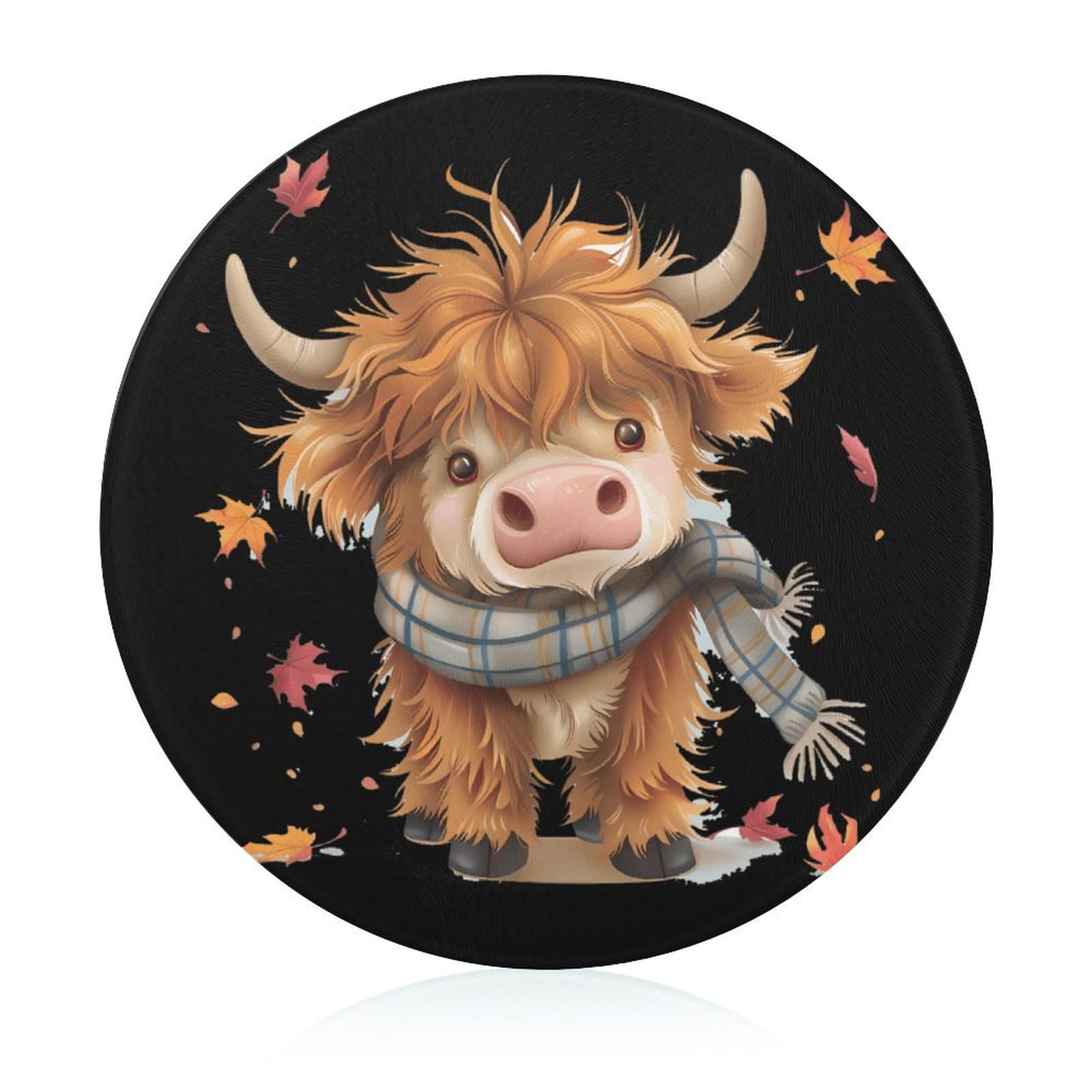 Fall Highland Cow Maple Leaves Cutting Board for Kitchen Tempered Glass Chopping Block Round Chopping Board