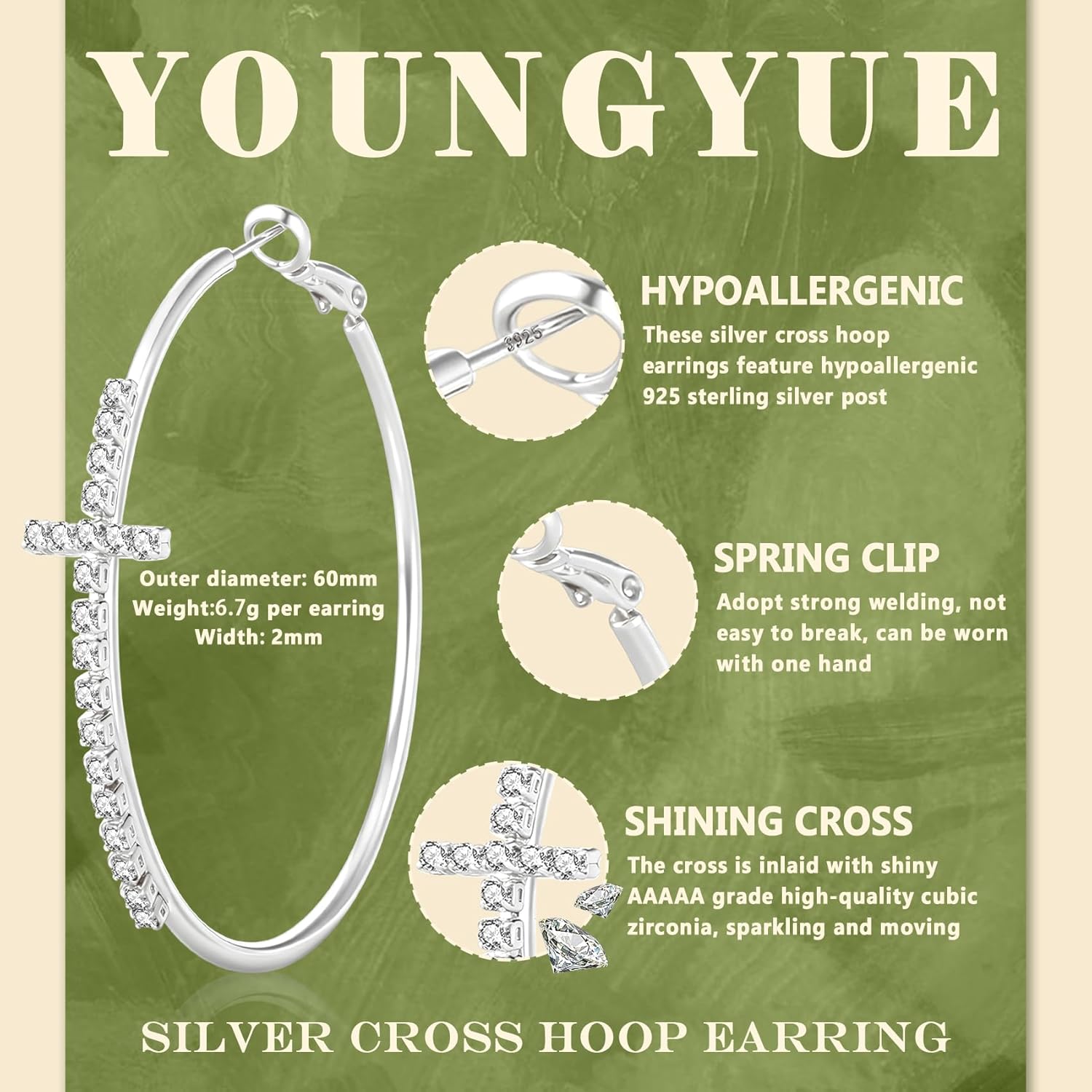 YOUNGYUE 2mm 925 Sterling Silver Hoop Earrings for Women Hypoallergenic 14K Gold Plated Hoop Earrings with Cubic Zirconia Lightweight Cross Rhinestone Hoop Earrings 40/50/60mm - Image 2