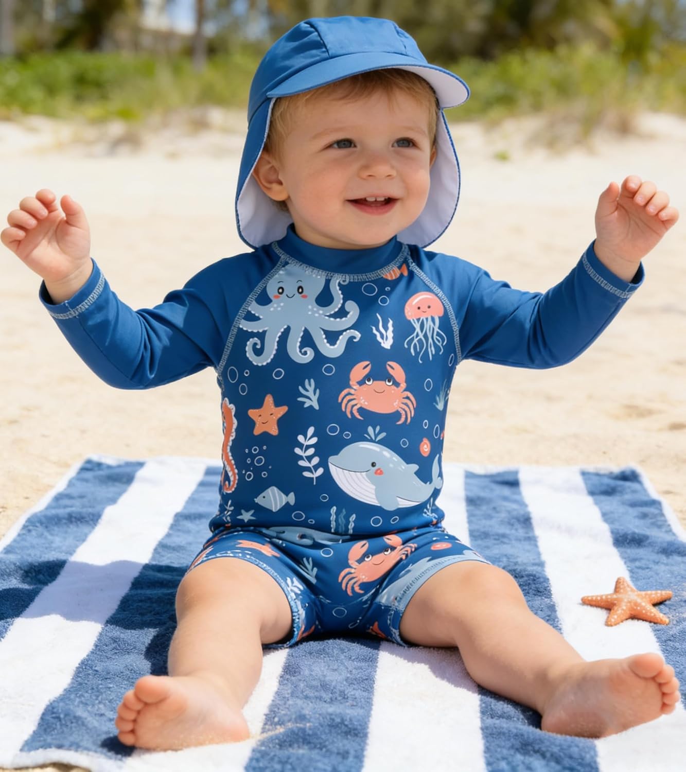 ADUKIDE Baby Boys Swimsuit Summer Beach Rash Guard Swimwear One Piece Sunsuit with Sun Hat 3-24 Months - Image 5