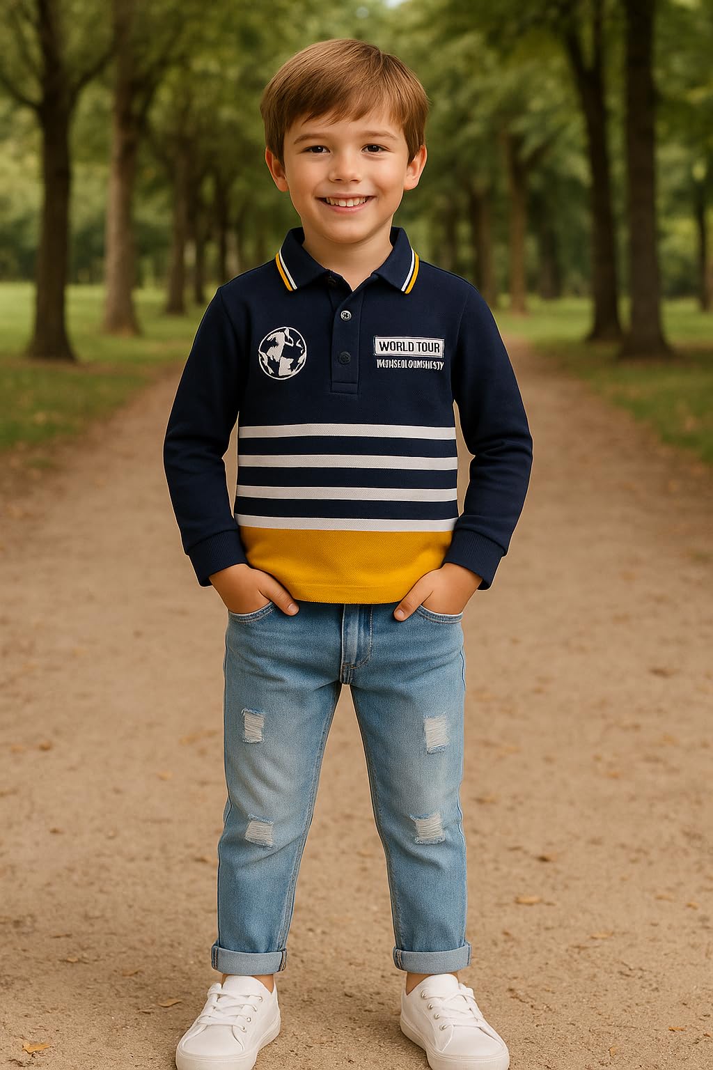 Generico Polo de manga larga para niño y niño, algodón elástico, cuello clásico, serigrafía World Tour, 4110, ideal para la temporada otoño-invierno