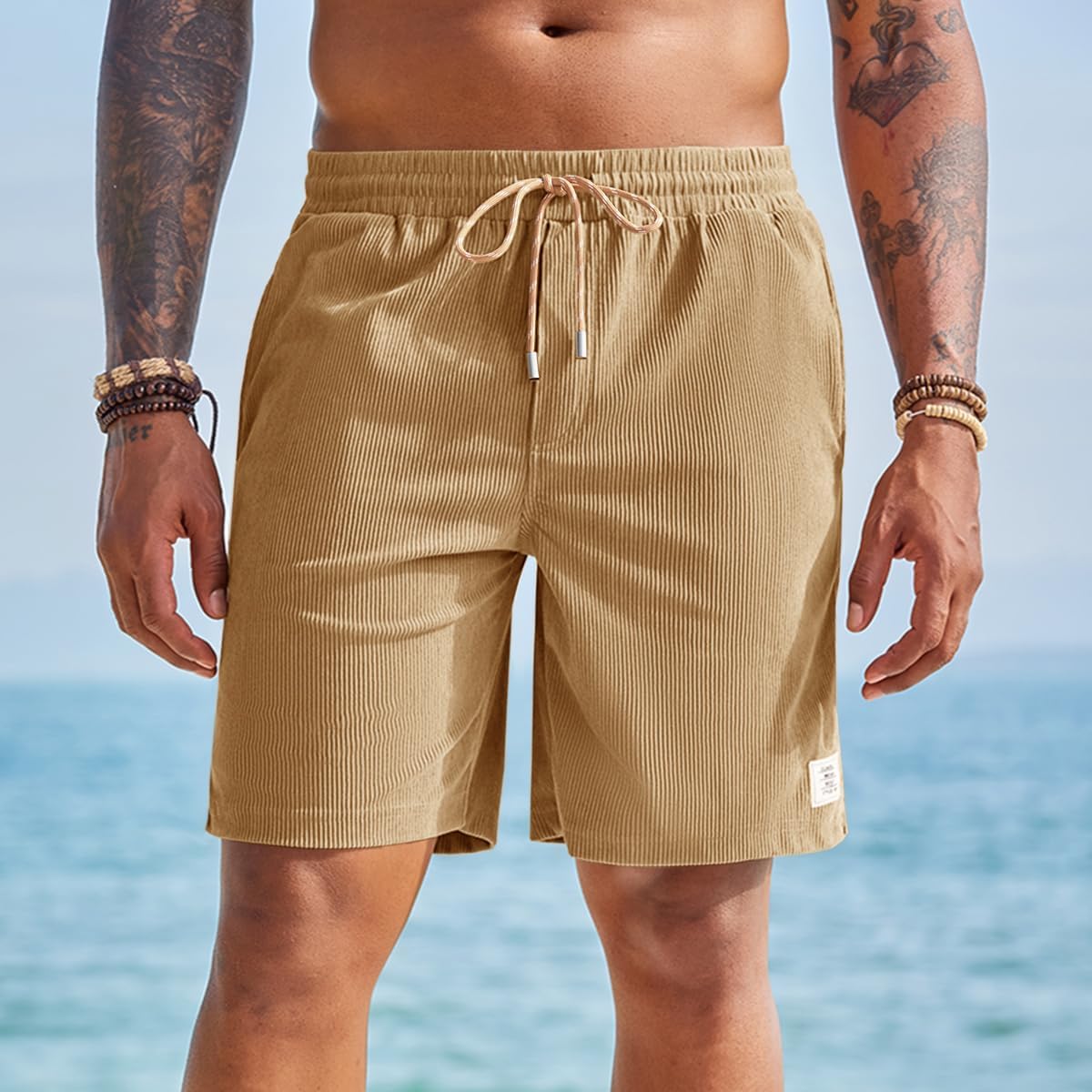 Yousify Men's Corduroy Shorts Casual Elastic Waist Drawstring Summer Beach Vacation Shorts with Pockets