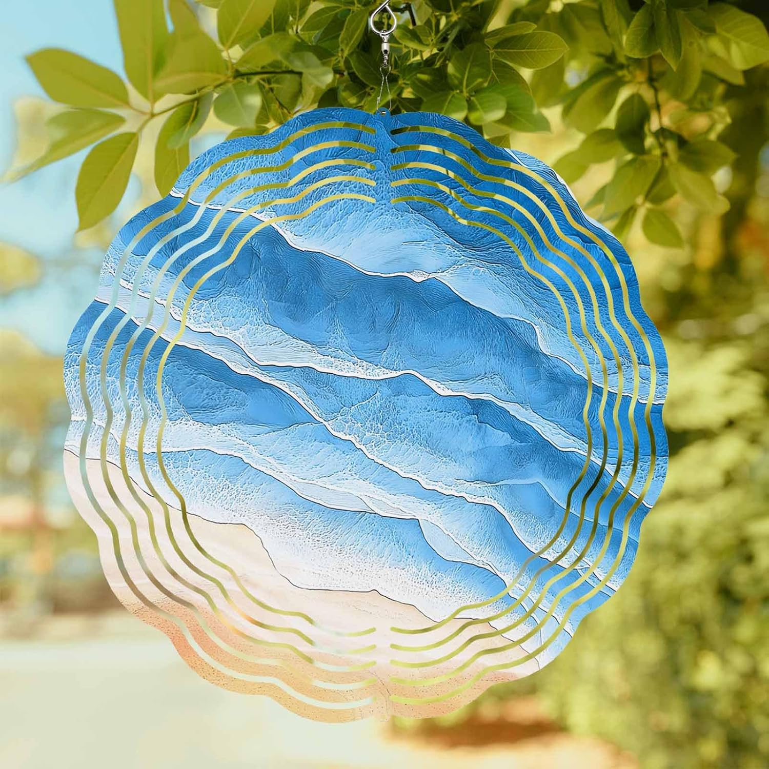 Blue Ocean Gradient Waves Wind Spinner for Garden Yard 3D Stainless Steel Hanging Wind Spinners, Summer Beach Coastal Spinners Outdoor Metal Decor for Lawn Patio Home