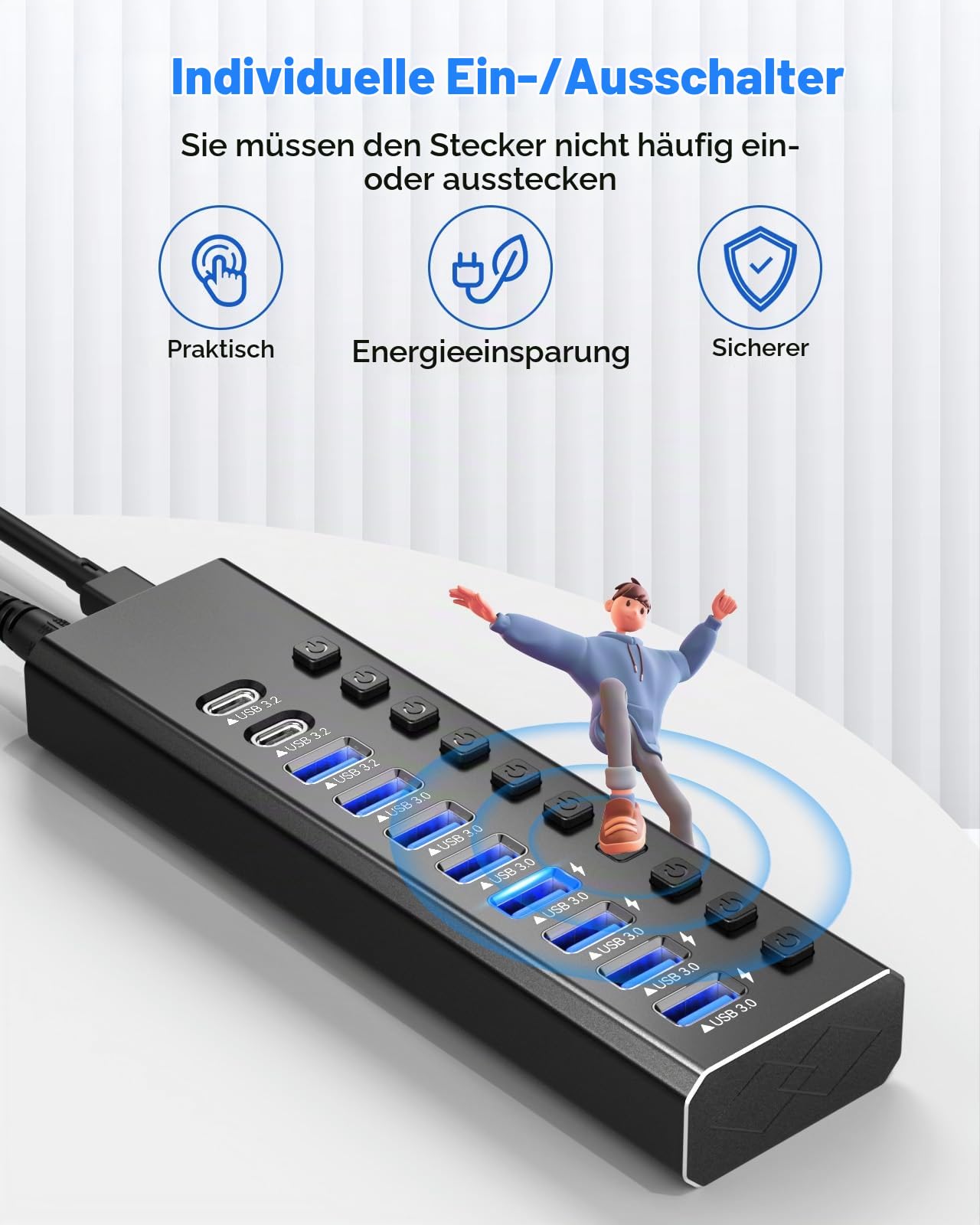 Powered USB Hub 3.2, 10-Port USB3.2/USB C Hub (10Gbps USB-A 3.2 +2 USB-C 3.2 +7 USB 3.0 Ports) mit individuellen EIN/Aus-Schaltern und 12V Power Adapter, Aluminium USB Hub Powered für Laptop PC