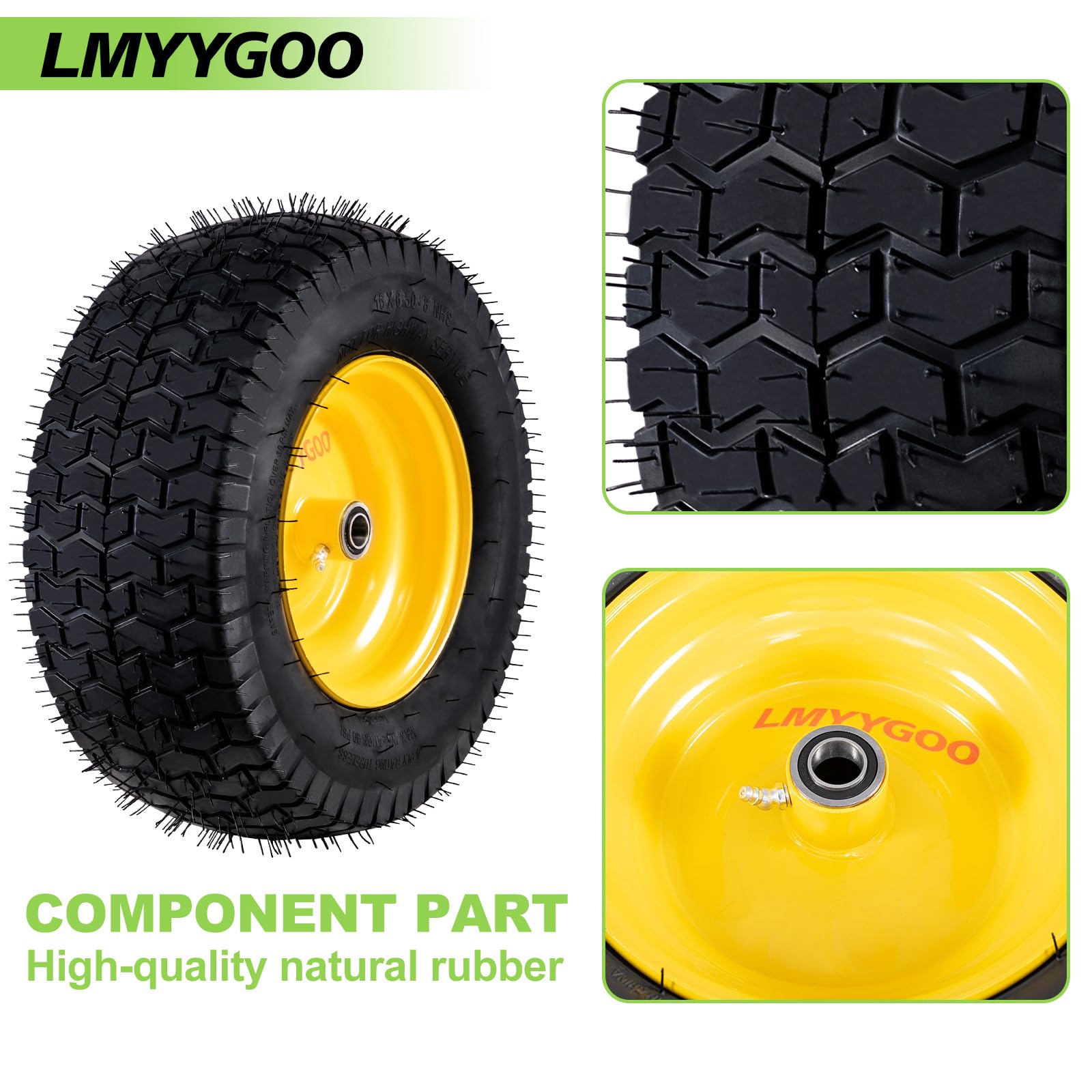 Neumático y rueda sin cámara de 16 x 6.5-8, 2 piezas de repuesto para cortacésped, tractor de jardín, neumático de rueda delantera con cubo de desplazamiento de 3 pulgadas, rodamiento de 3/4