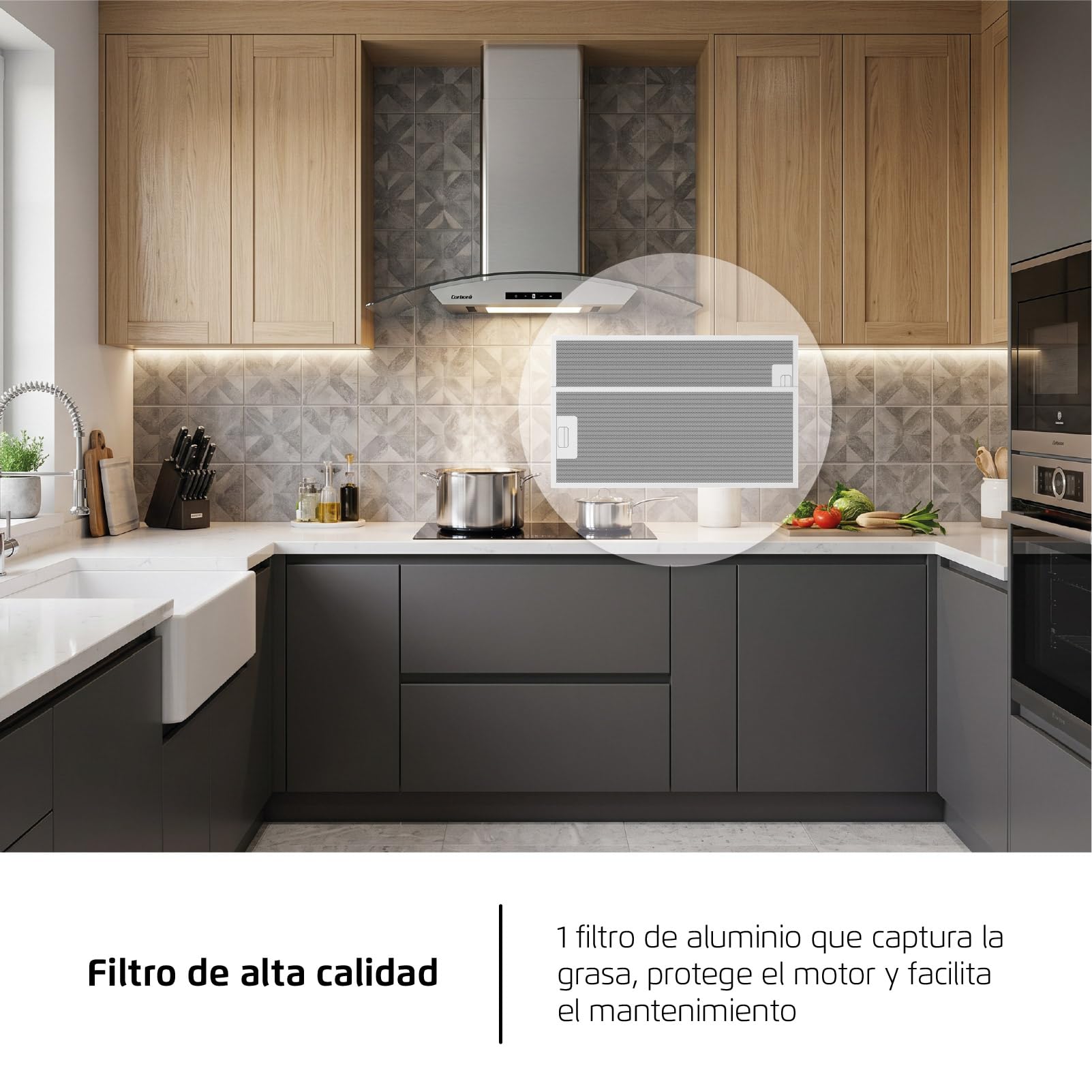 Corbero - Campana Extractora Horizontal 90cm | FUJI975XGLASS | 720.2 m3/h| 67db| 235W | 4 Velocidades | Control Touch| Panel LED| Filtro Aluminio + Filtro Carbón | Acero Inoxidable-Cristal
