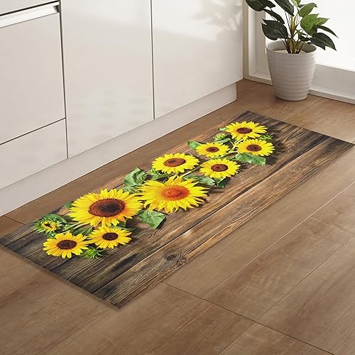 Tapetes de cocina para piso, tablero de madera vintage de girasol, decoración de casa de campo de verano, alfombras de goma con parte trasera de