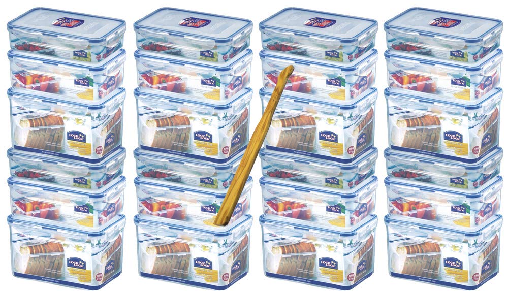 Lock&Lock - Juego de recipientes herméticos (24 Unidades, 8 HPL818 1,9 L, 8 HPL817T 1 L, 8 HPL816T 0,8 L, apilables 205 x 134 mm) y espátula de Madera de Olivo SeleXions