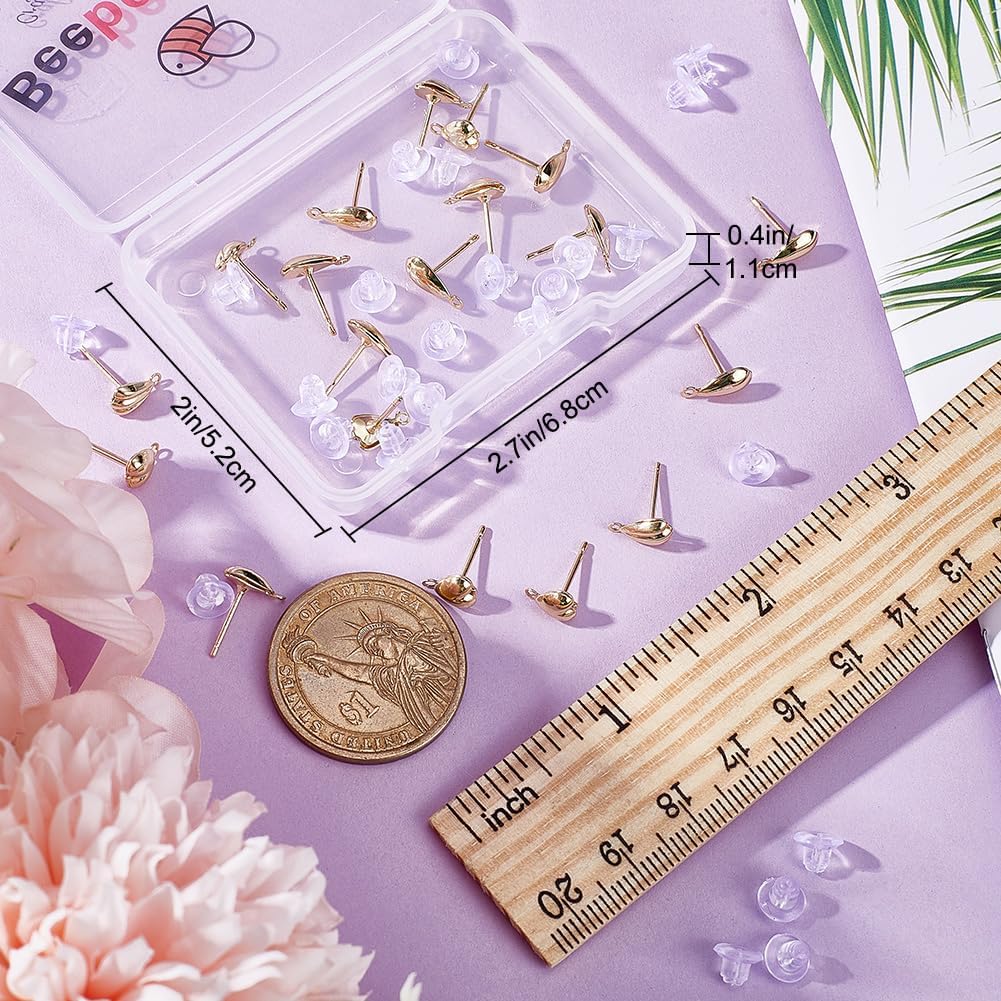 Beebeecraft 1 Box 24Pcs 3 Styles Stud Earrings Findings 14K Gold Plated Heart Teardrop Shaped Earring Posts with Loop Hole and 30Pcs Clear Earring Backs for DIY Jewelry Making Supplies Hole: 1mm