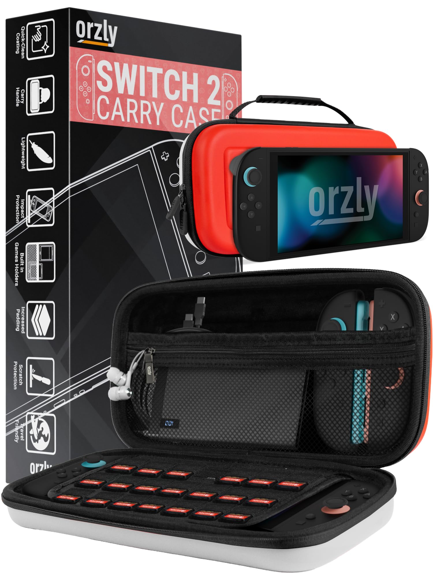 Orzly Custodia per Nintendo Switch 2, custodia protettiva da viaggio con pad per lo schermo, schede di gioco e slot MicroSD con tasche per gli accessori della console