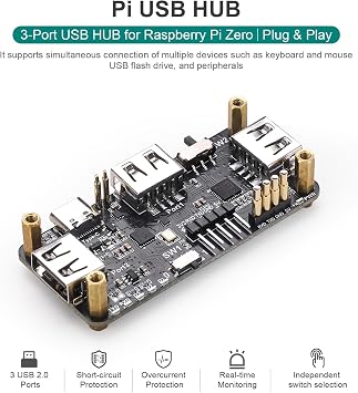 Pi USB HUB for Rasp-berry Pi Zero, 3-Port USB 2.0 Expansion Board with USB to TTL, Type-C Dual Mode, Plug & Play GPIO Connection, Status Indicators for IoT and Fits Arduino Projects