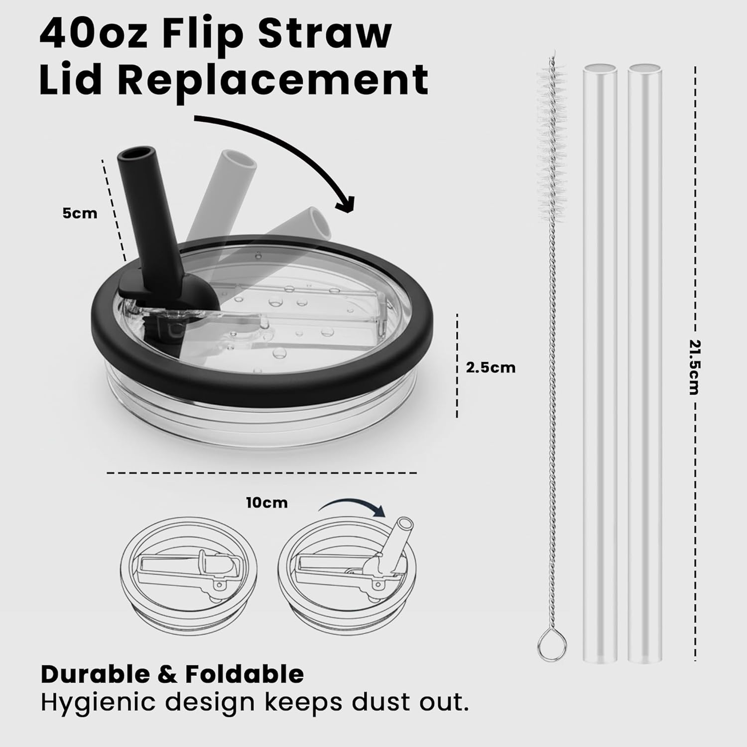 2-Pack 40 oz Replacement Straw Lids for Stanley Quencher – Leakproof Tumbler Lids with 2 Straws & Cleaning Brush, BPA-Free, Compatible with Stanley 40oz Cups (Black) - Image 3