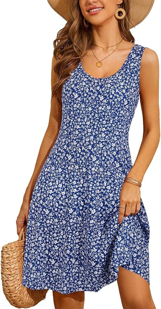 STYLEWORD Women's Summer Dress Casual Sleeveless Scoop Neck A-Line Tank Midi Sundress