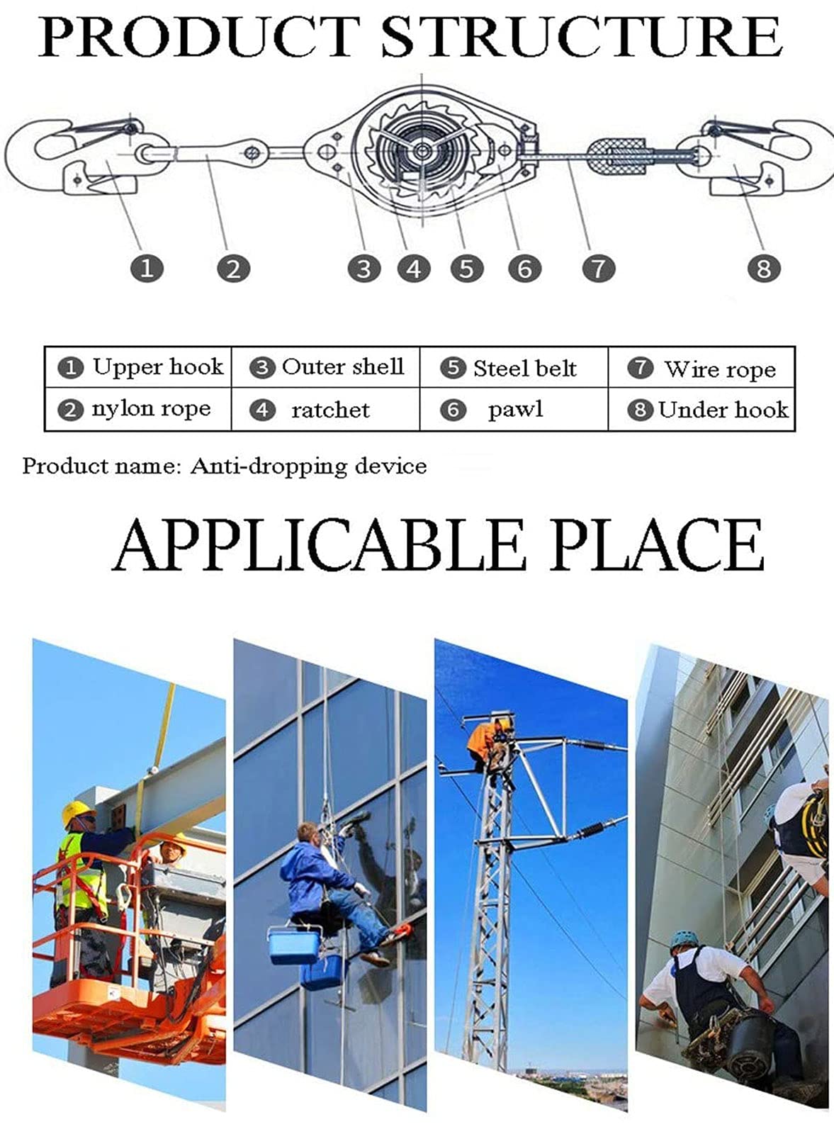 Dispositivo Retractil Anticaidas Equipo Personal de Protección contra Caídas, Dispositivo de Seguridad para Trabajos en Altura para Prevenir Caídas Accidentales, Carga: 150kg