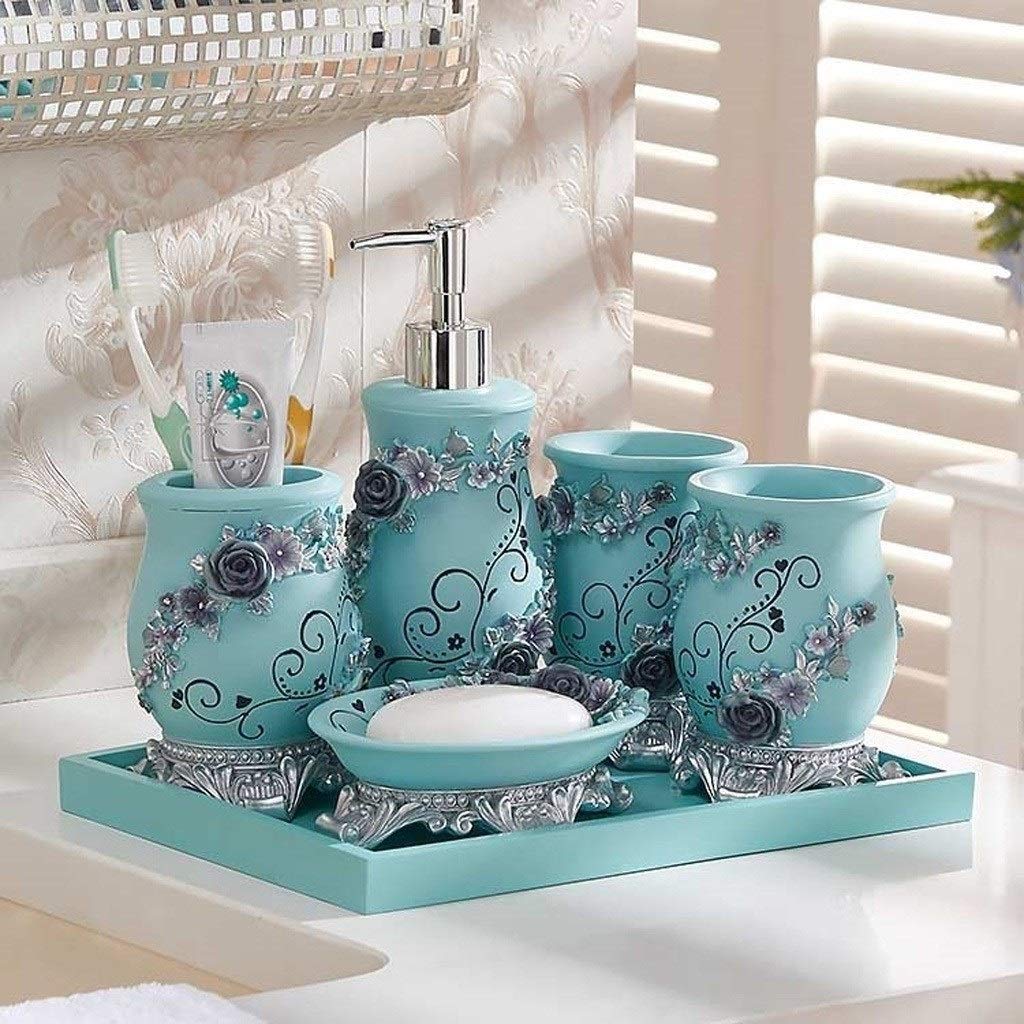 Dosificador de jabón Hogar Baño Tridimensional de Lavado de Grabado Decorativo dispensador de jabón de Mano del Sistema de Seis Piezas de combinación (Azul) dispensador de jabón líquido